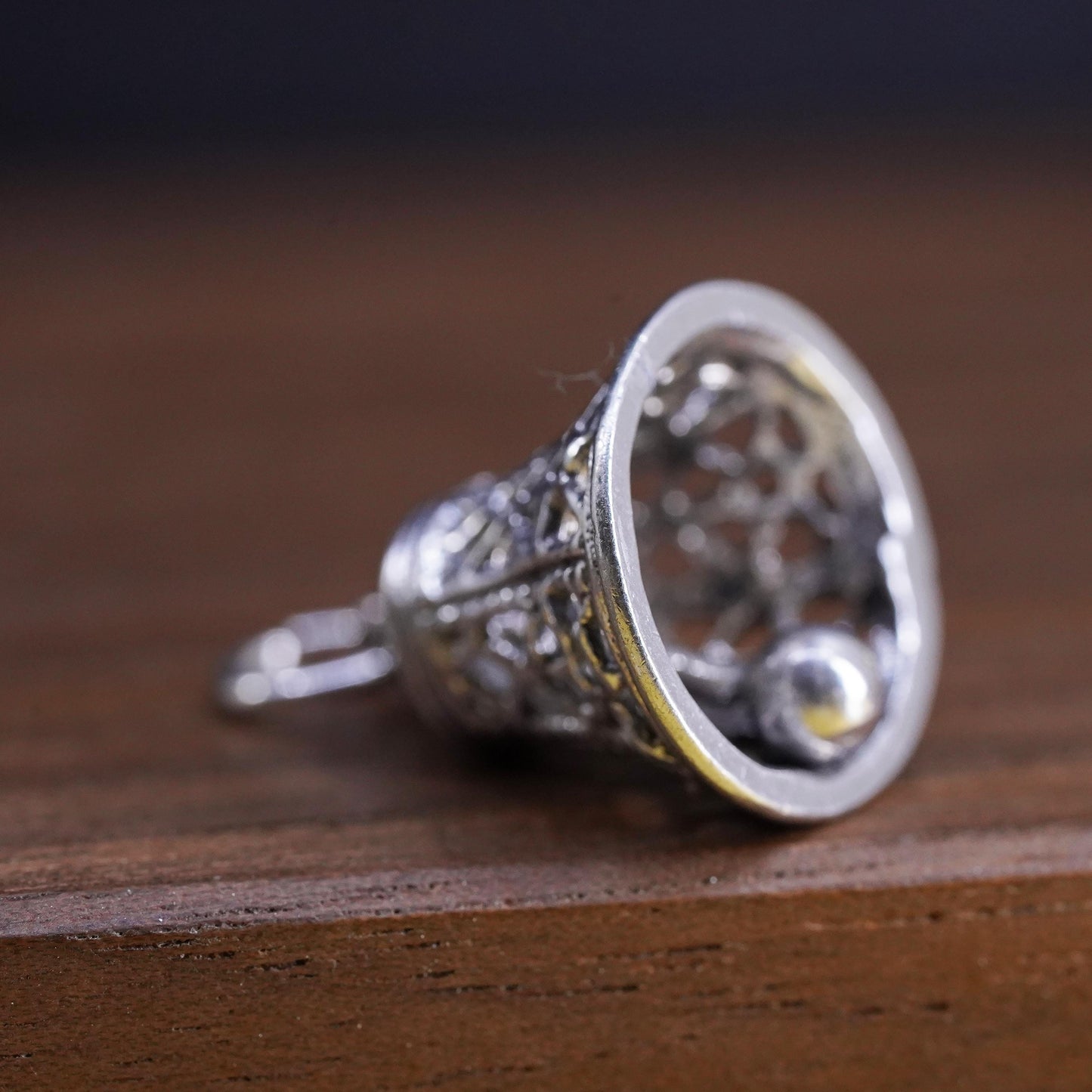 Vintage Sterling silver handmade charm, l925 filigree bell chime