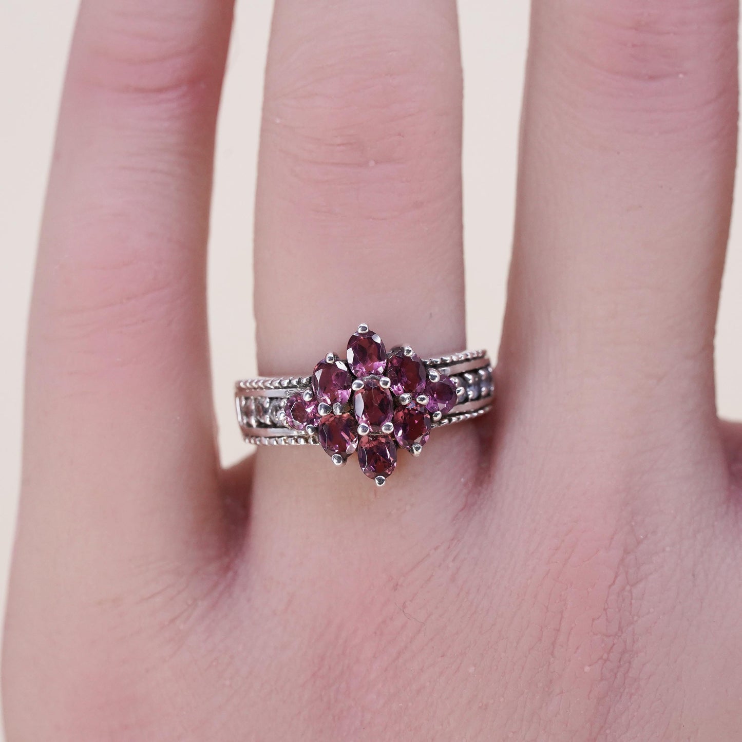 Size 7, vintage Sterling 925 silver ring with pink crystal and cluster cz