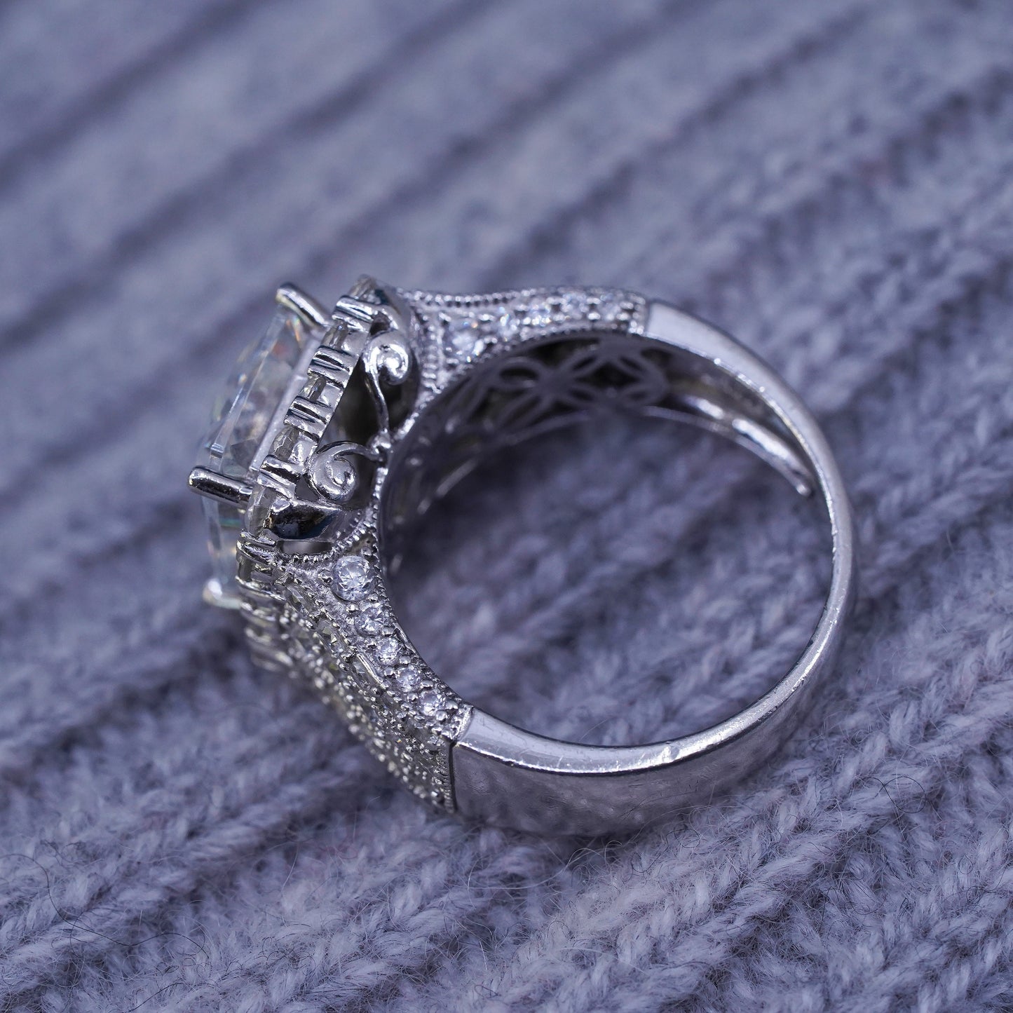 Size 9, vintage Sterling 925 silver engagement anniversary ring with cluster Cz