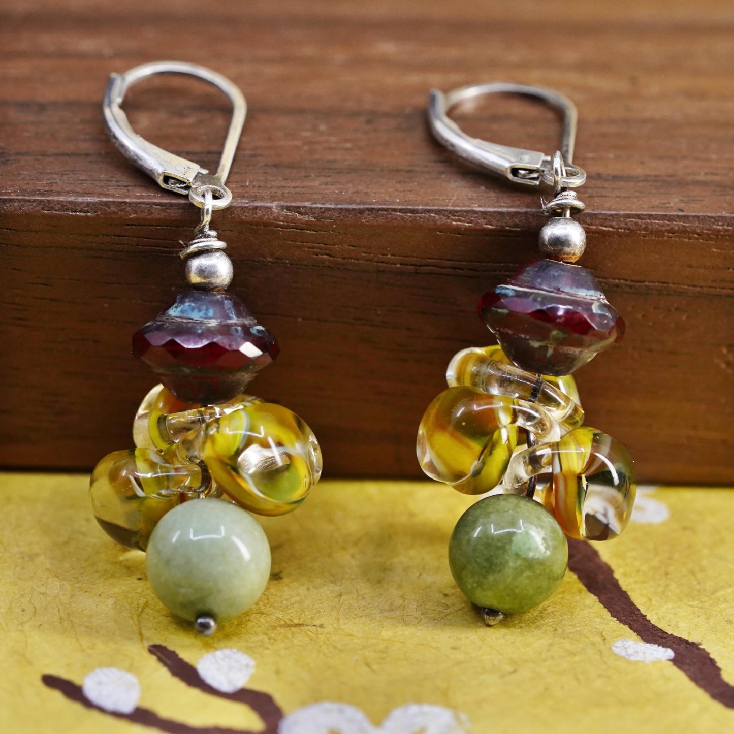 Vintage sterling 925 silver earrings with artisan glass bead lever back closing