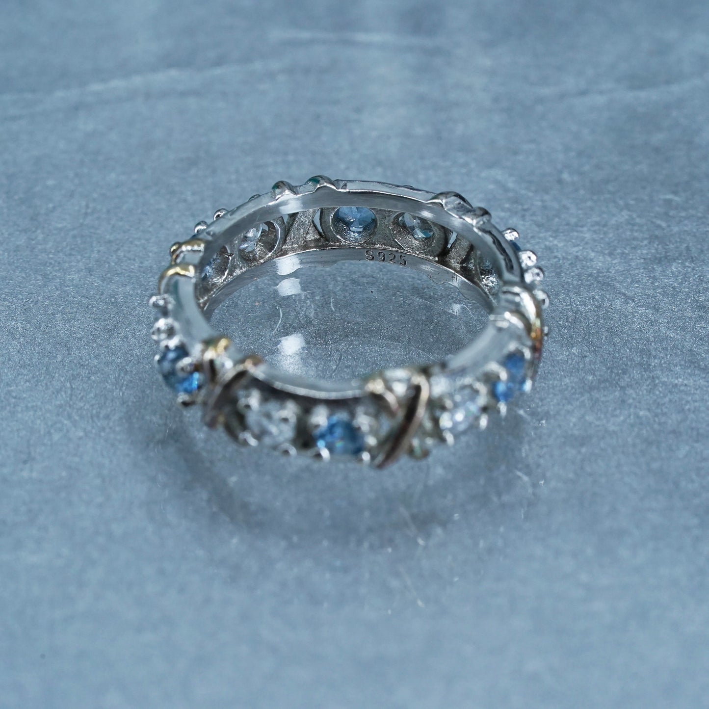 Size 8, vintage two tone Sterling 925 silver ring, blue topaz and Cz band