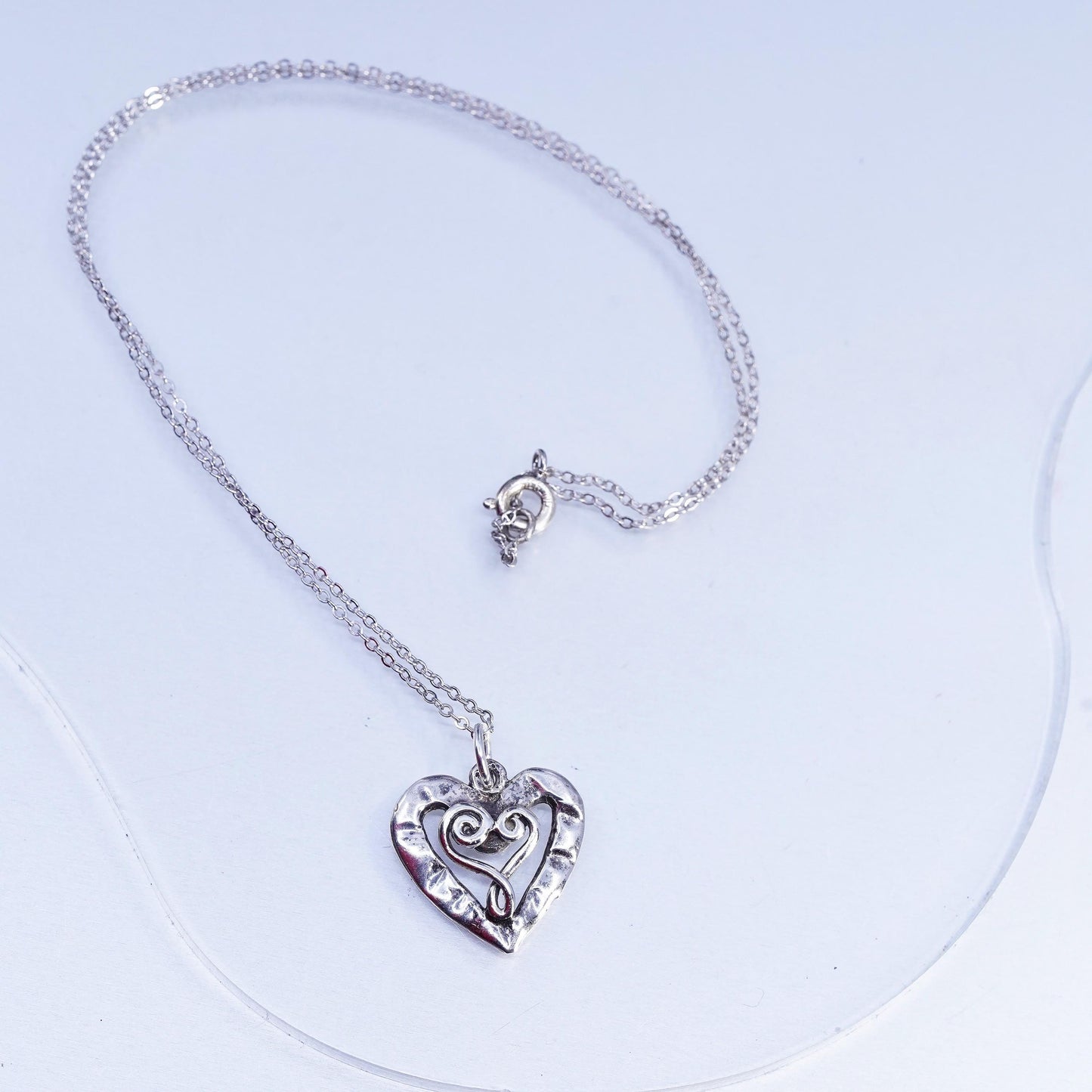15", vintage Sterling 925 silver handmade circle necklace with heart pendant