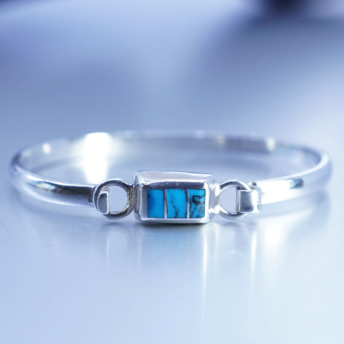 6.5”, Mexico Sterling 925 silver handmade bracelet, hinged bangle w/ turquoise