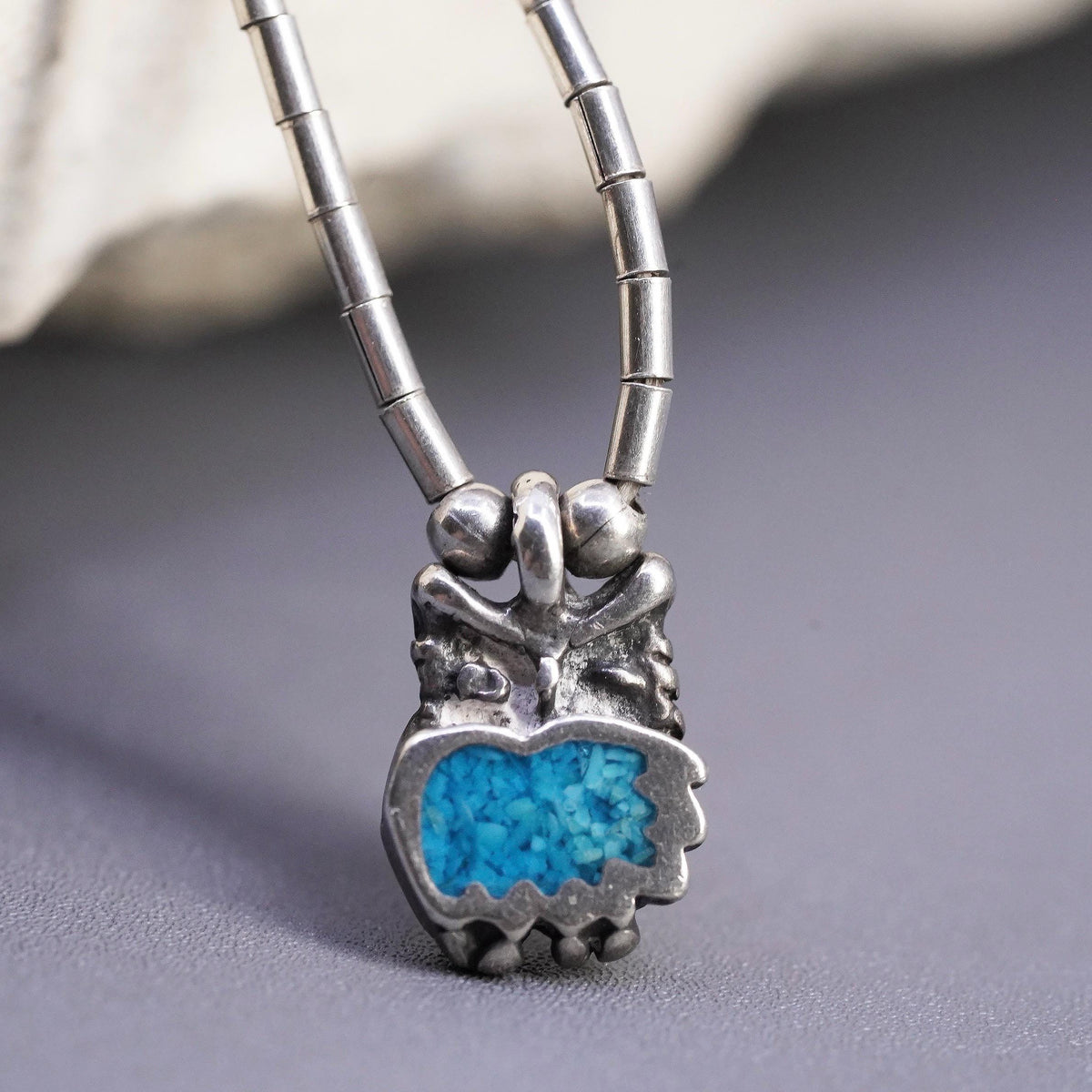 16", Native American sterling 925 liquid silver chain necklace pendant turquoise