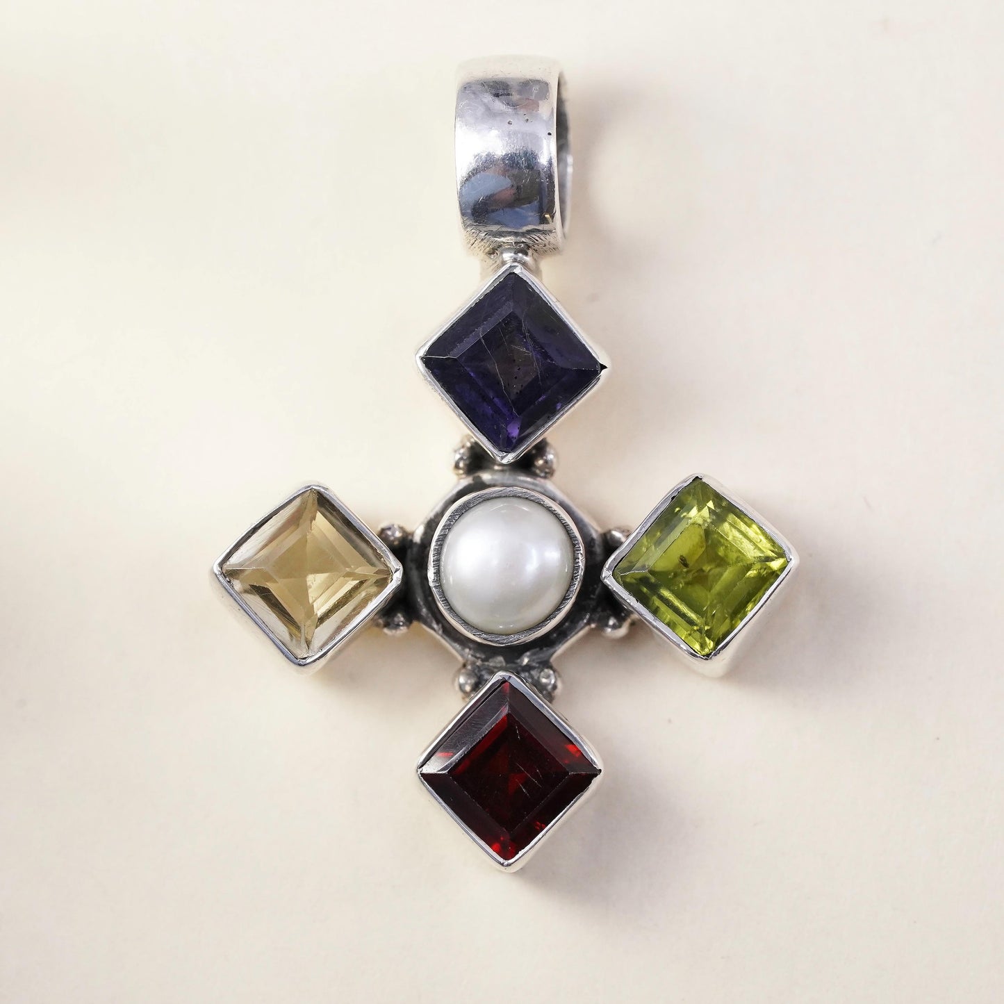vintage sterling 925 silver handmade pendant w/ citrine peridot pearl amethyst