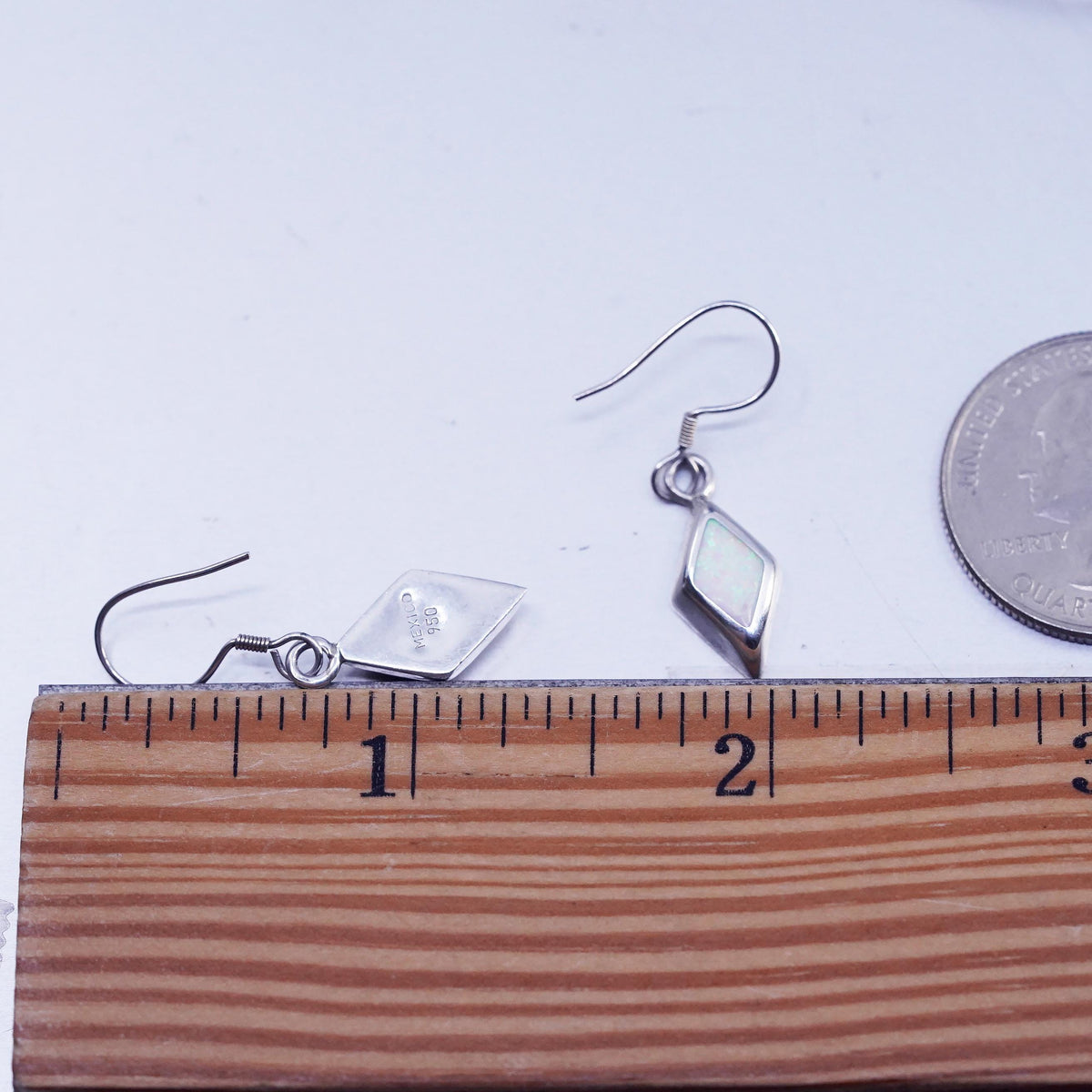 Vintage Sterling Silver Diamond shaped Earrings, 950 Silver Dangle Opal inlay