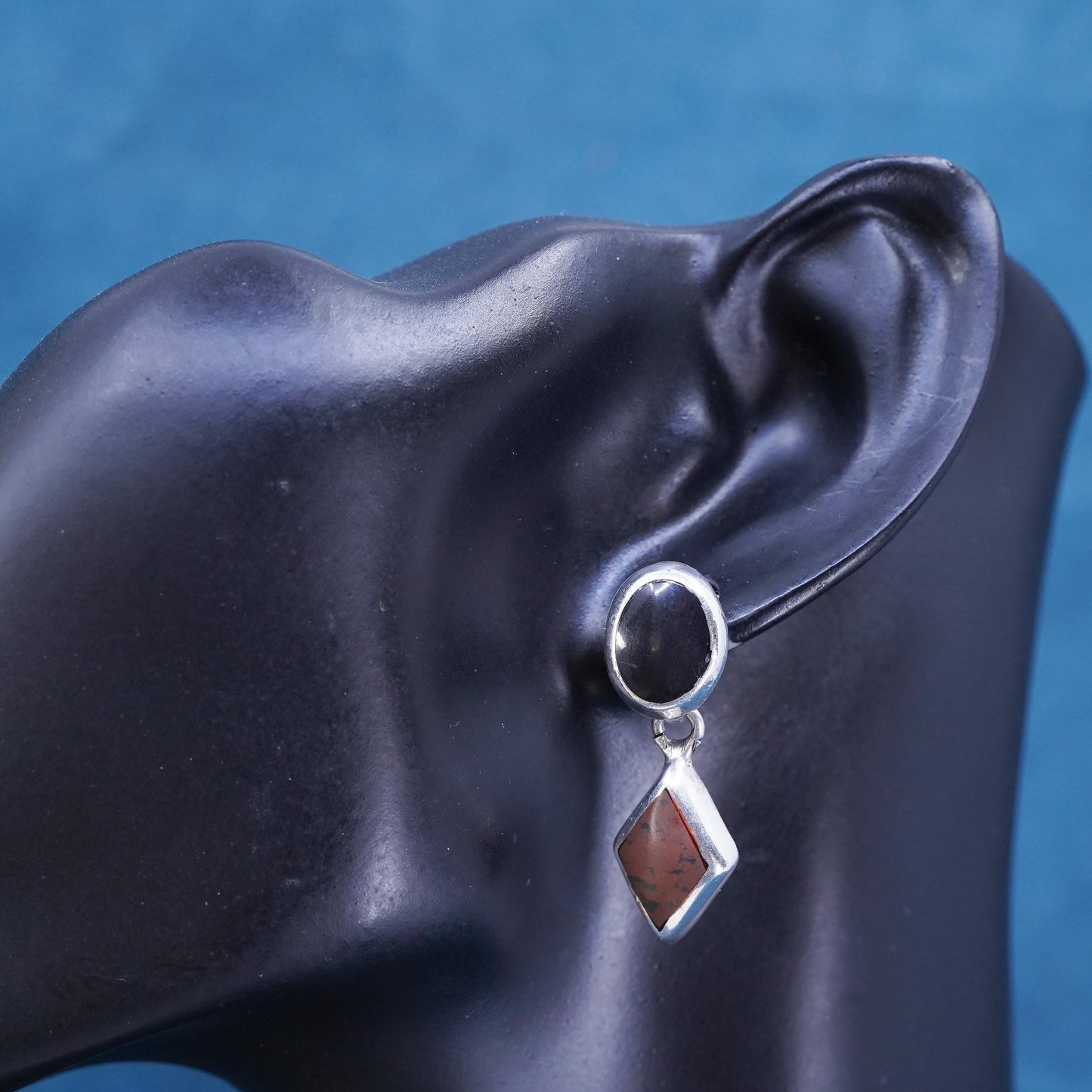 Vintage Mexican Sterling 925 silver handmade earrings with oval onyx and Jasper