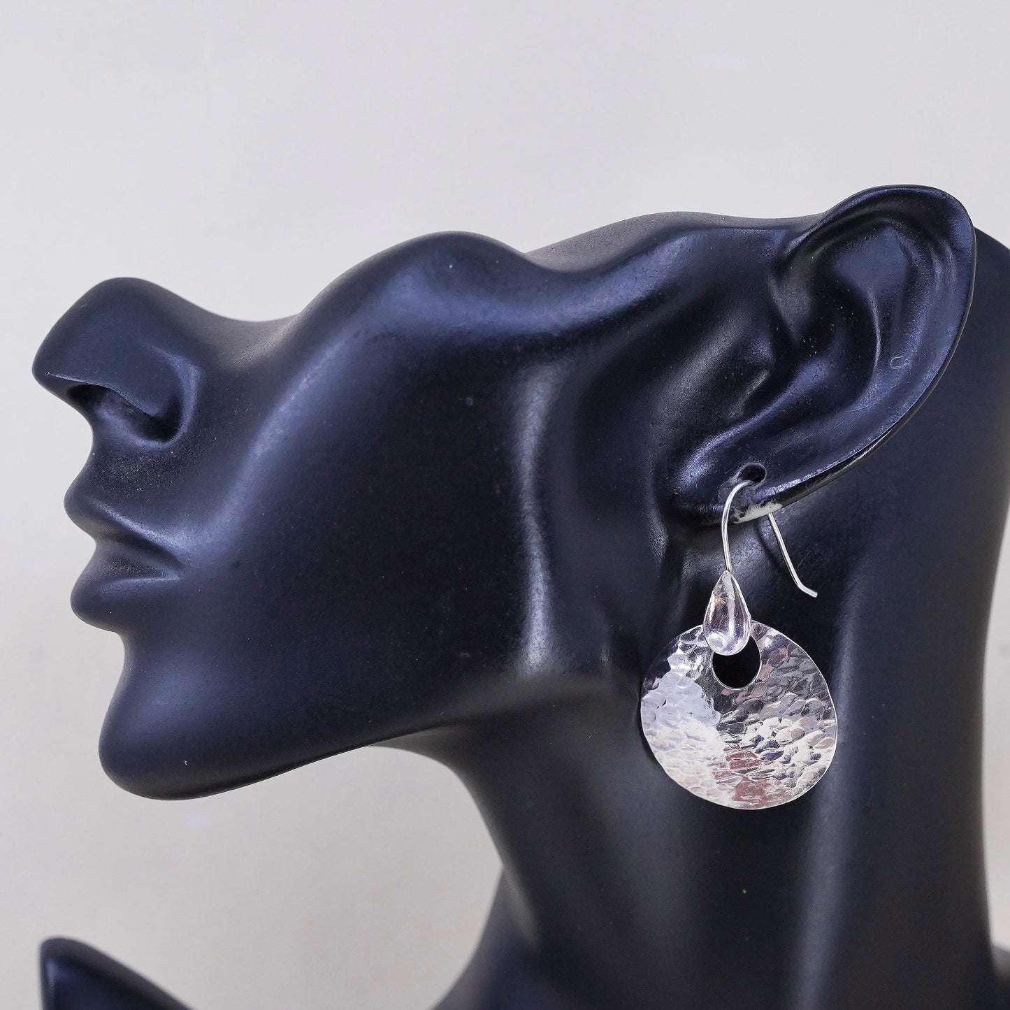 Vintage sterling silver handmade earrings, 925 silver round dangles hammered