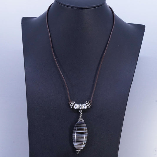 16", vintage 925 Sterling Silver Handmade brown Leather Necklace agate pendant