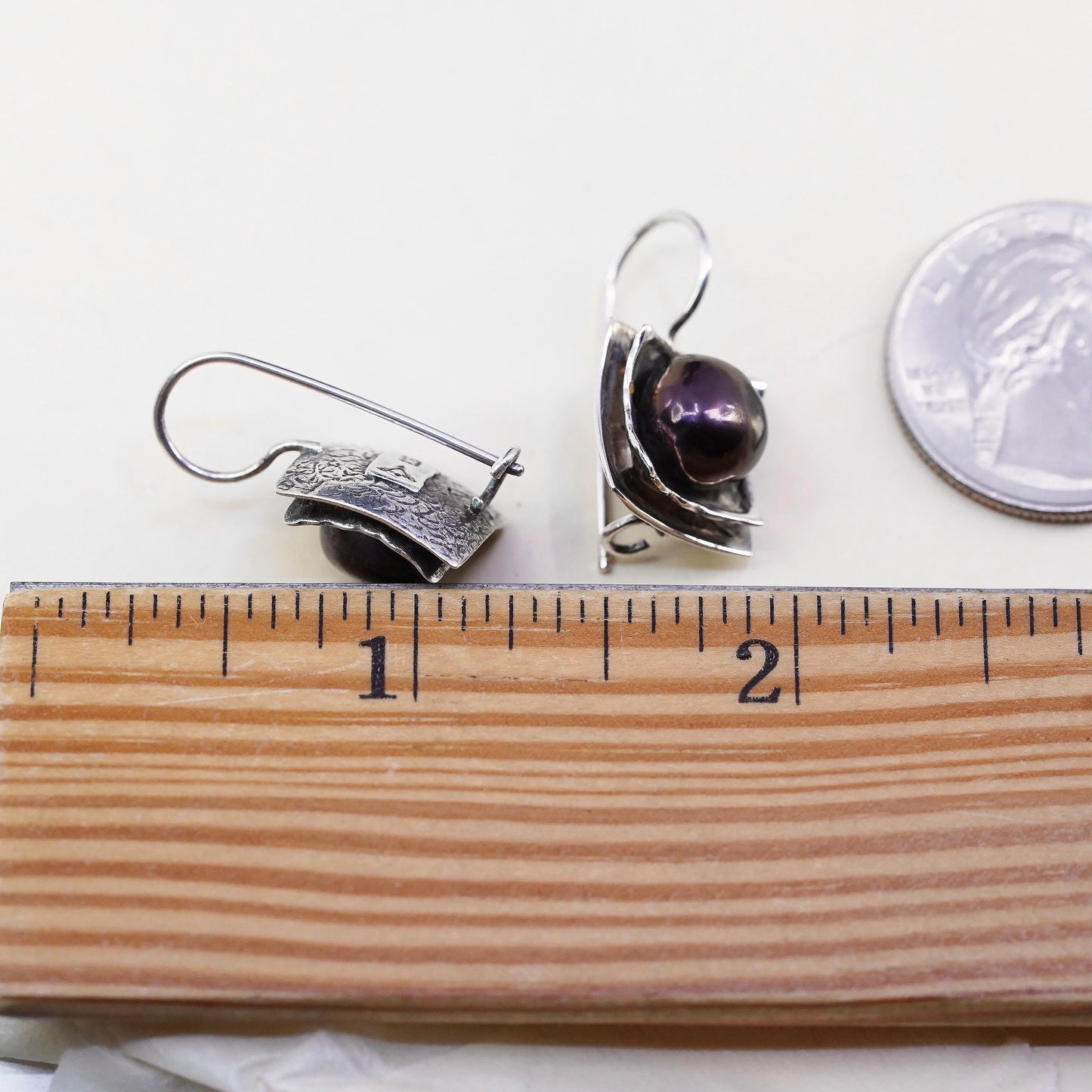 SILPADA RARE Sterling Silver 925 Black Iridescent Pearl Hammered Earrings W1194