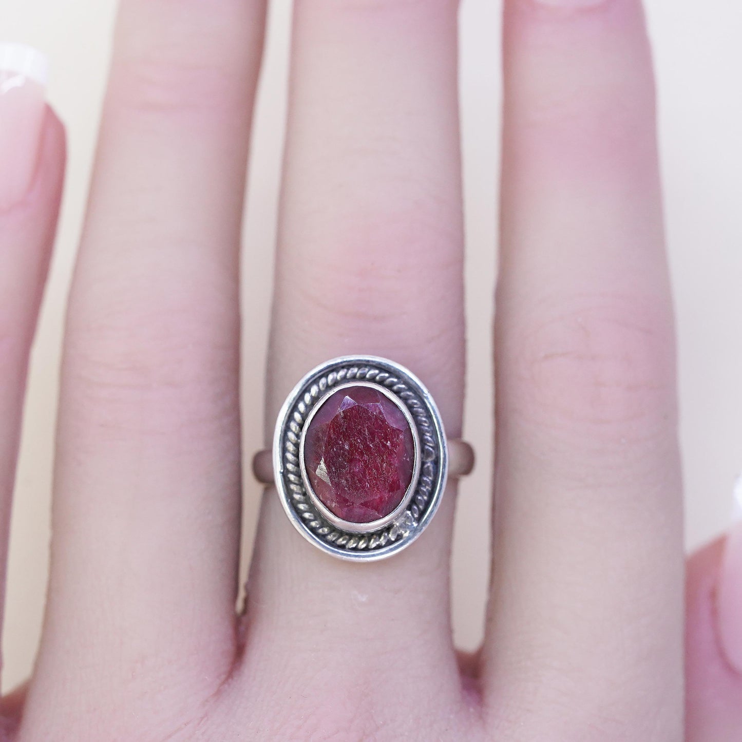 Size 7.25, Vintage sterling 925 silver handmade ring with oval natural ruby