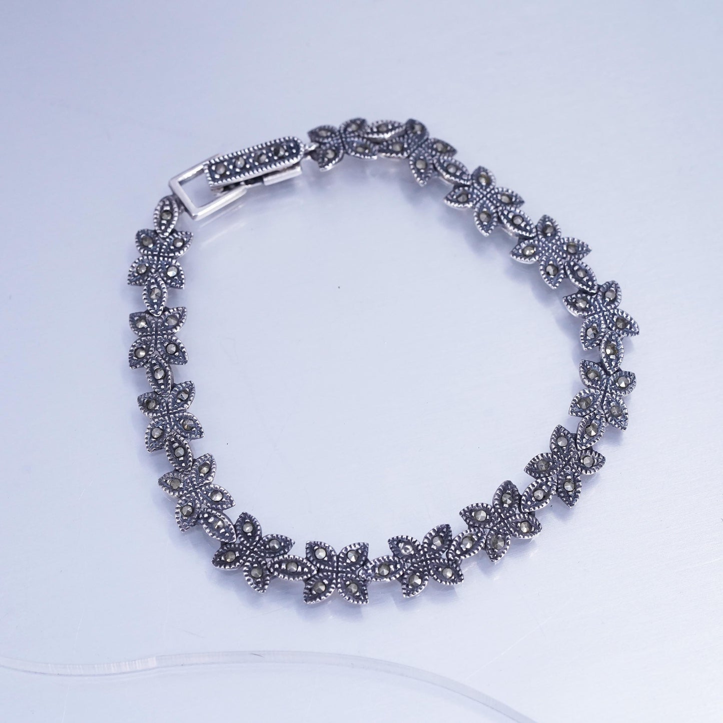 7.5”, VTG Sterling 925 silver handmade bracelet, marcasite floral tennis chain