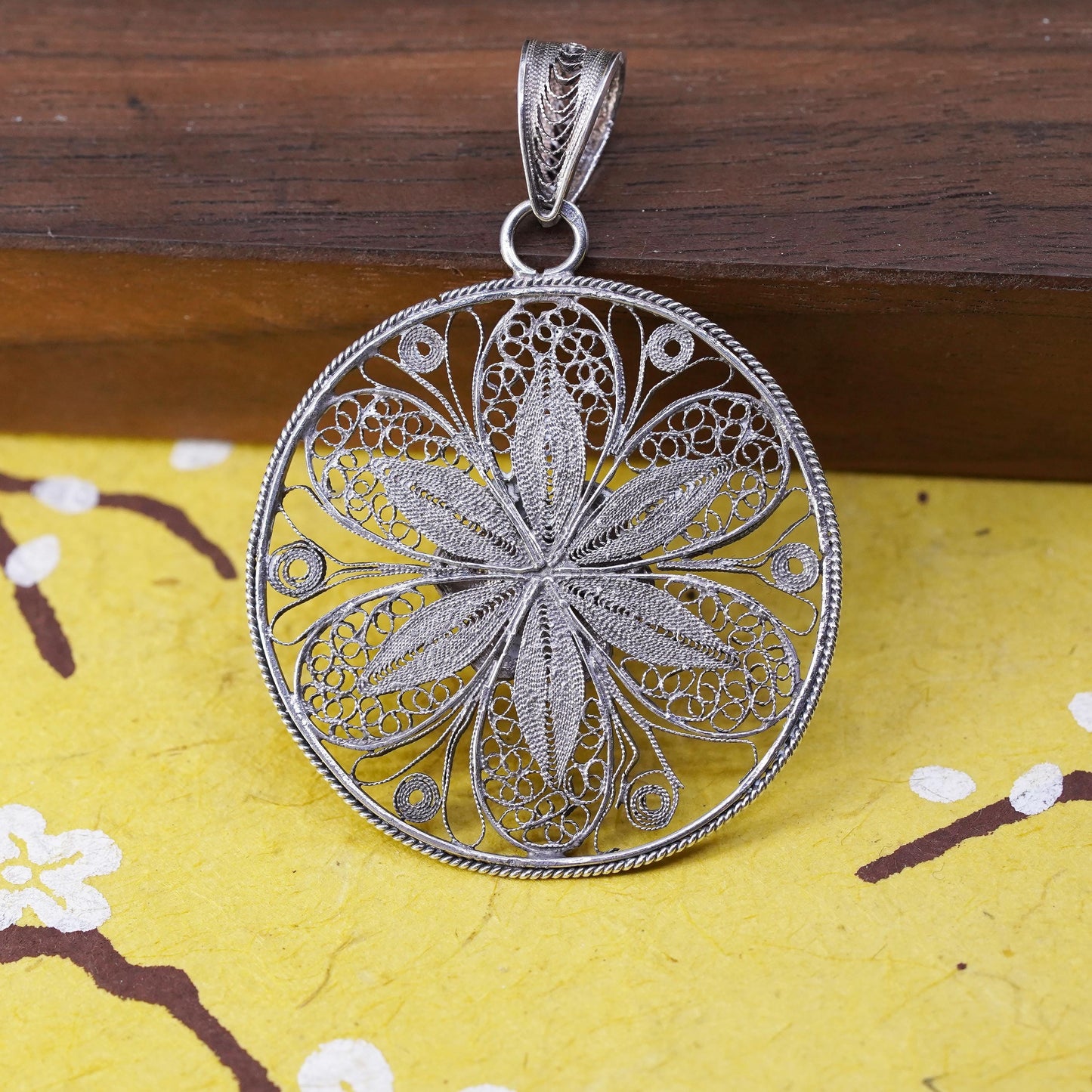 Vintage Sterling silver handmade pendant, 925 filigree flower, silver tested