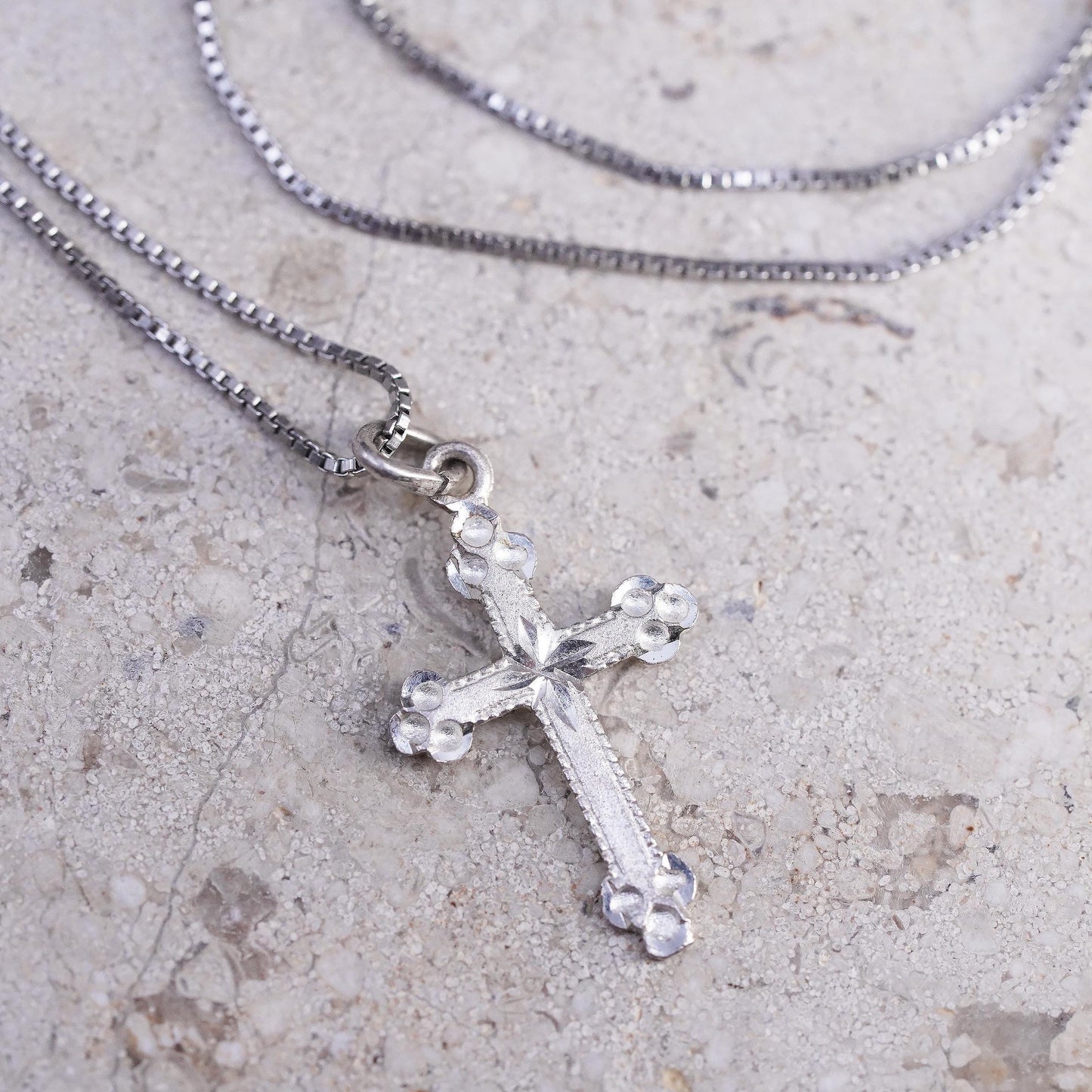 18" 1mm, vintage Sterling silver necklace, 925 box chain with cross pendant