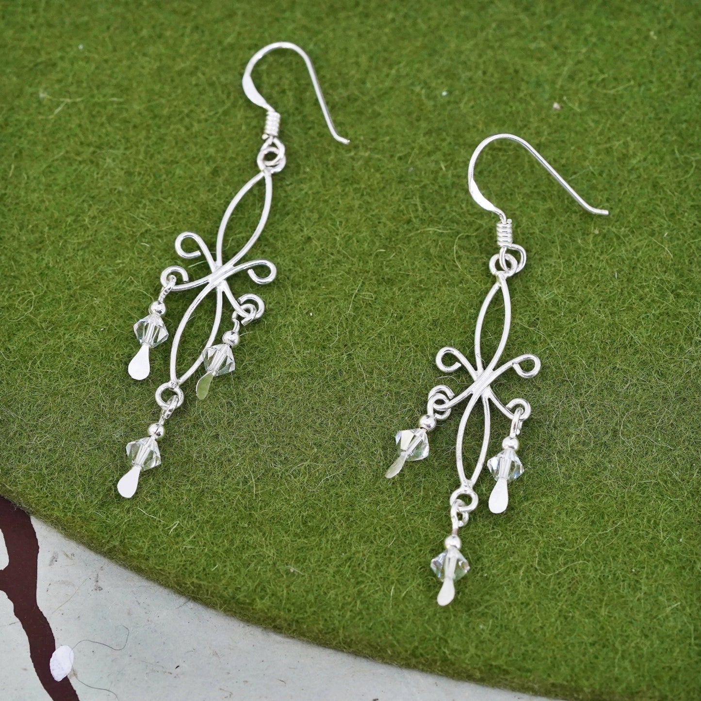 Vintage sterling silver handmade wired floral dangles and crystal, 925 earrings