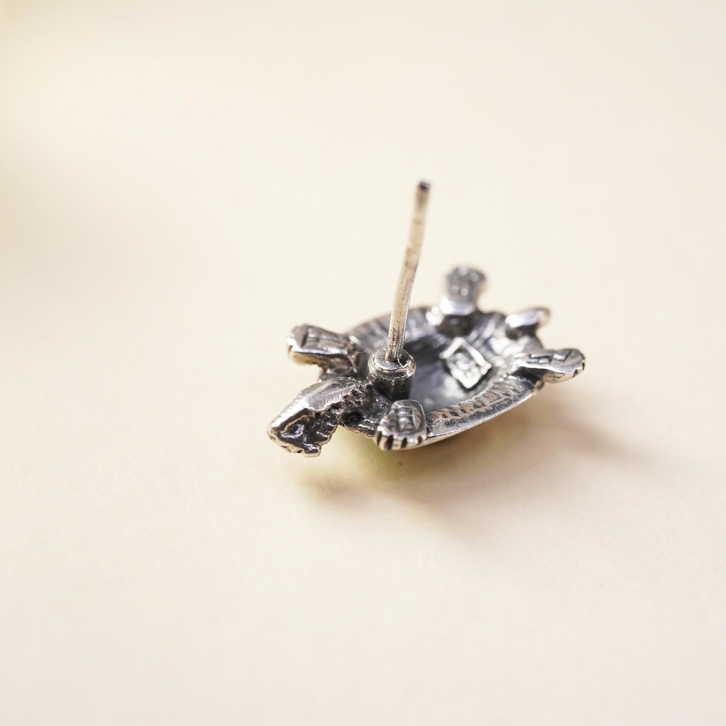 Vintage handmade single earring. Sterling 925 silver turtle stud with abalone