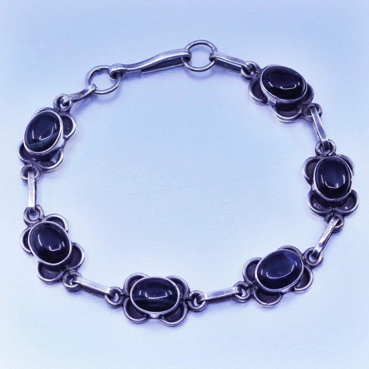 6.75”, vintage Sterling 925 silver handmade bracelet with obsidian beads