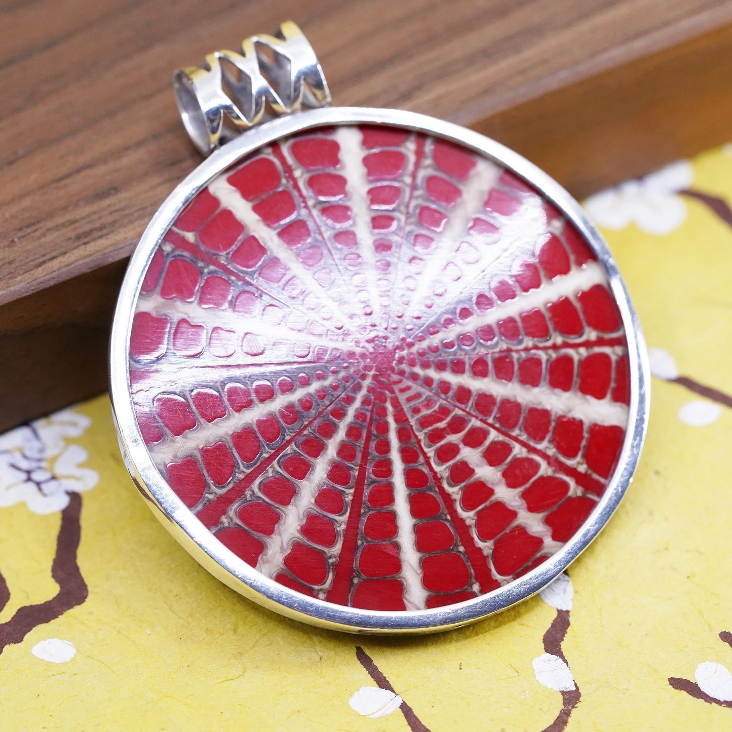 Vintage Sterling silver handmade pendant, 925 frame with red fossil shell