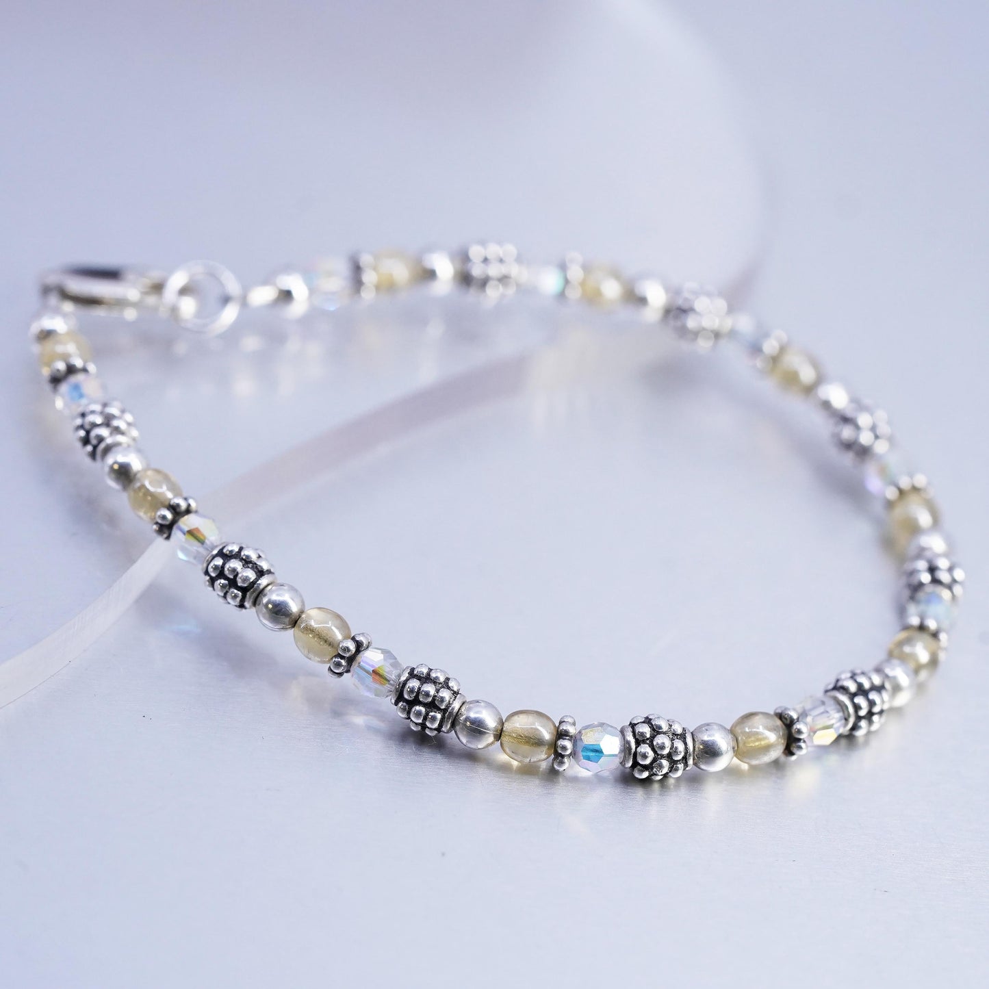 7.5", Vintae Sterling 925 Silver Handmade Bracelet, Crystal beads