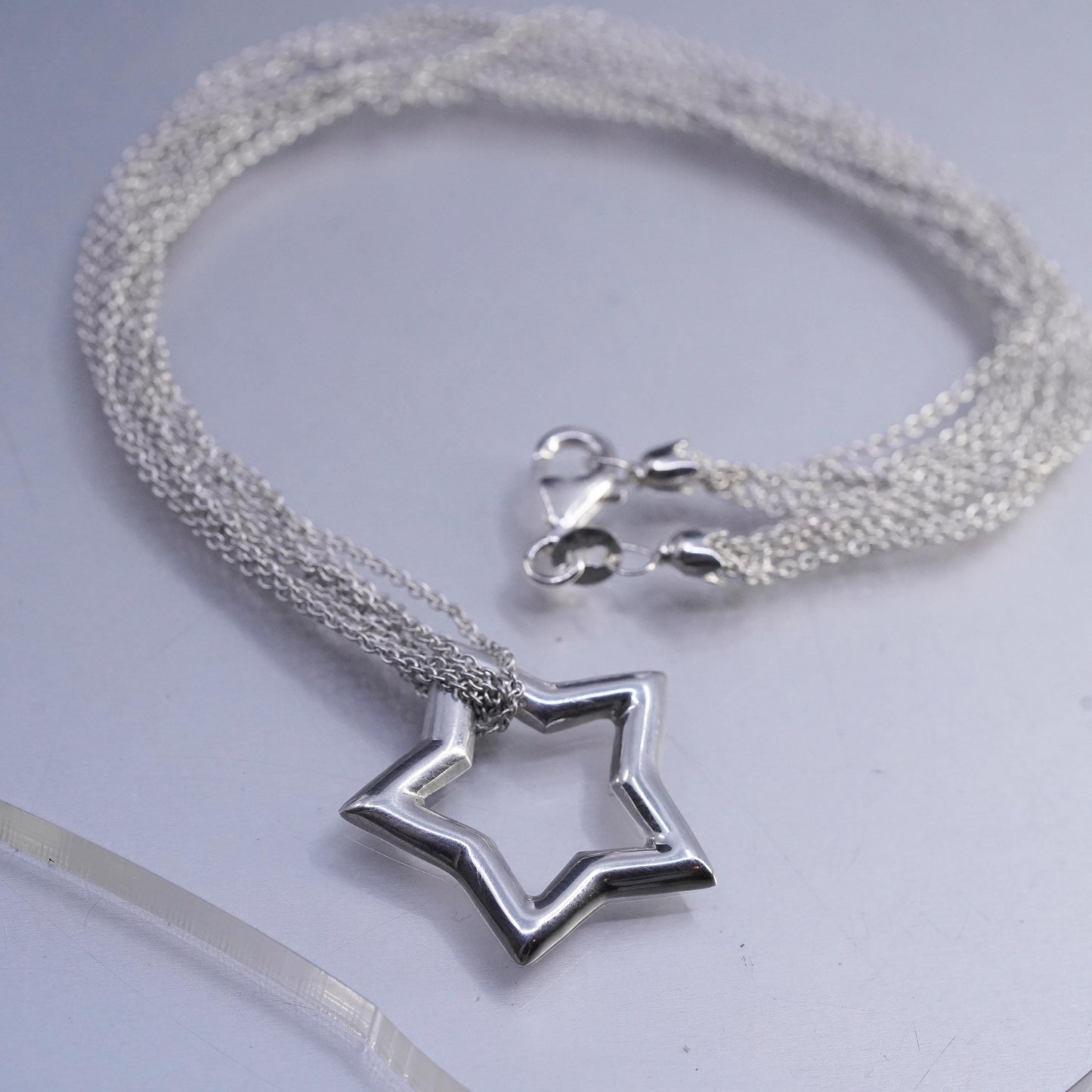 16", vintage Italian Sterling 925 silver multi strands circle chain necklace with star pendant