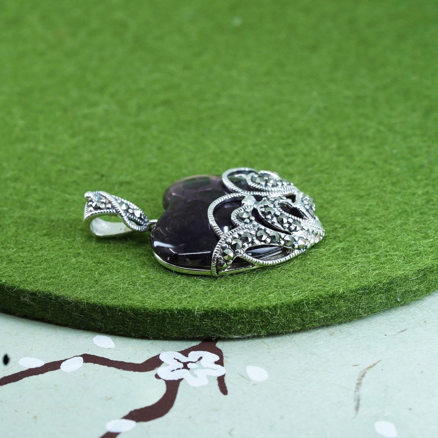 SLC sterling silver pendant, 925 filigree with marcasite purple garnet heart