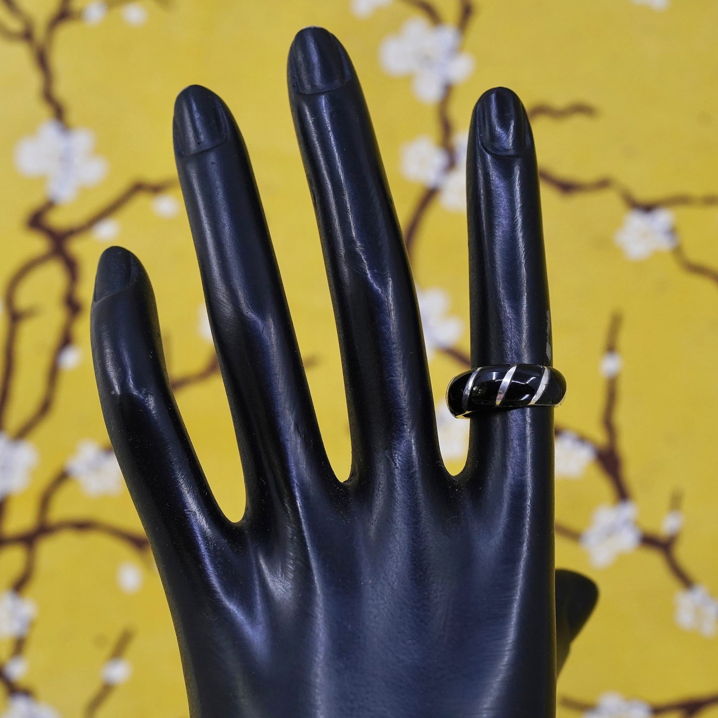 Size 5, vintage Sterling 926 silver handmade ring band with obsidian