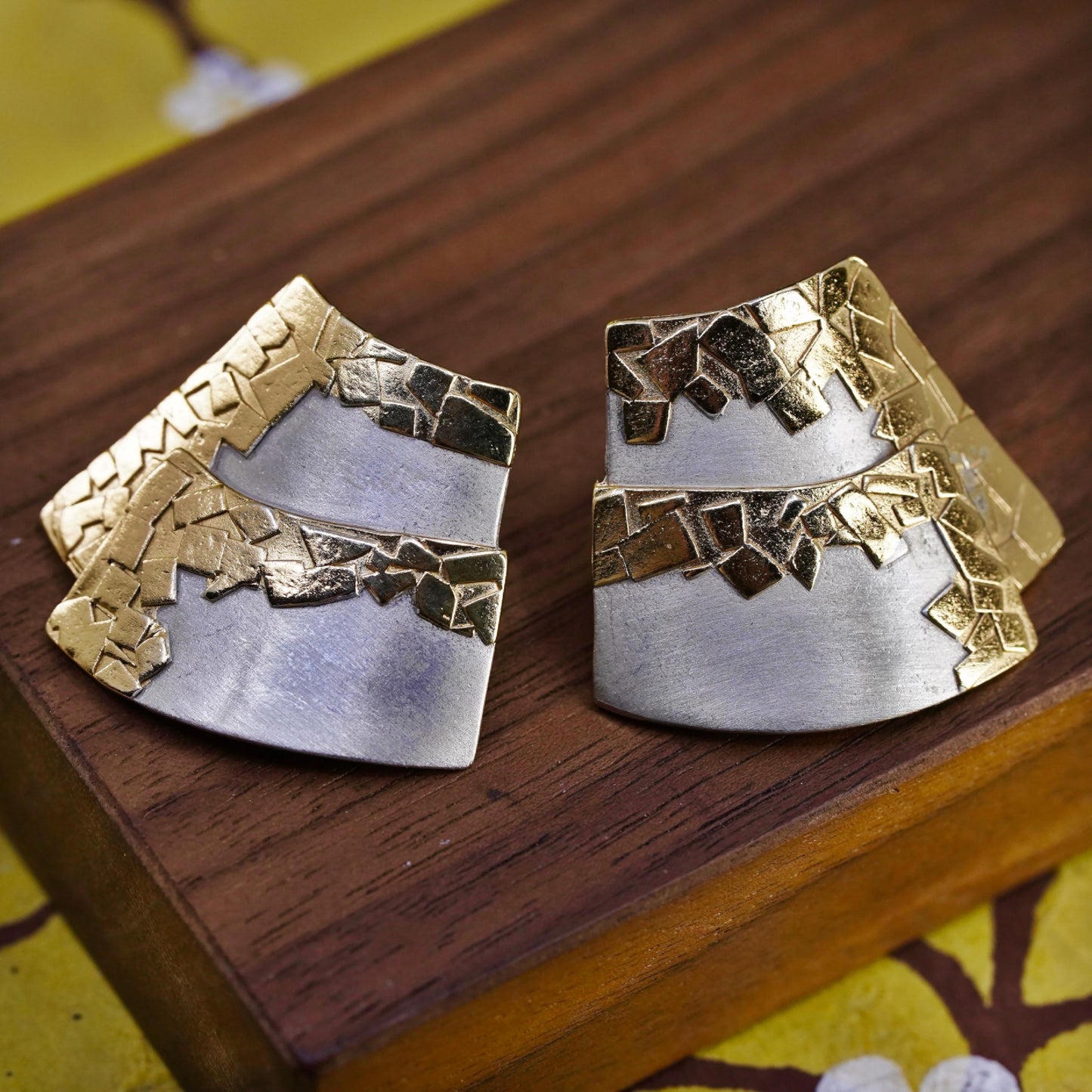 Vintage Two Tone Sterling silver handmade earrings, 925 modern studs with gold