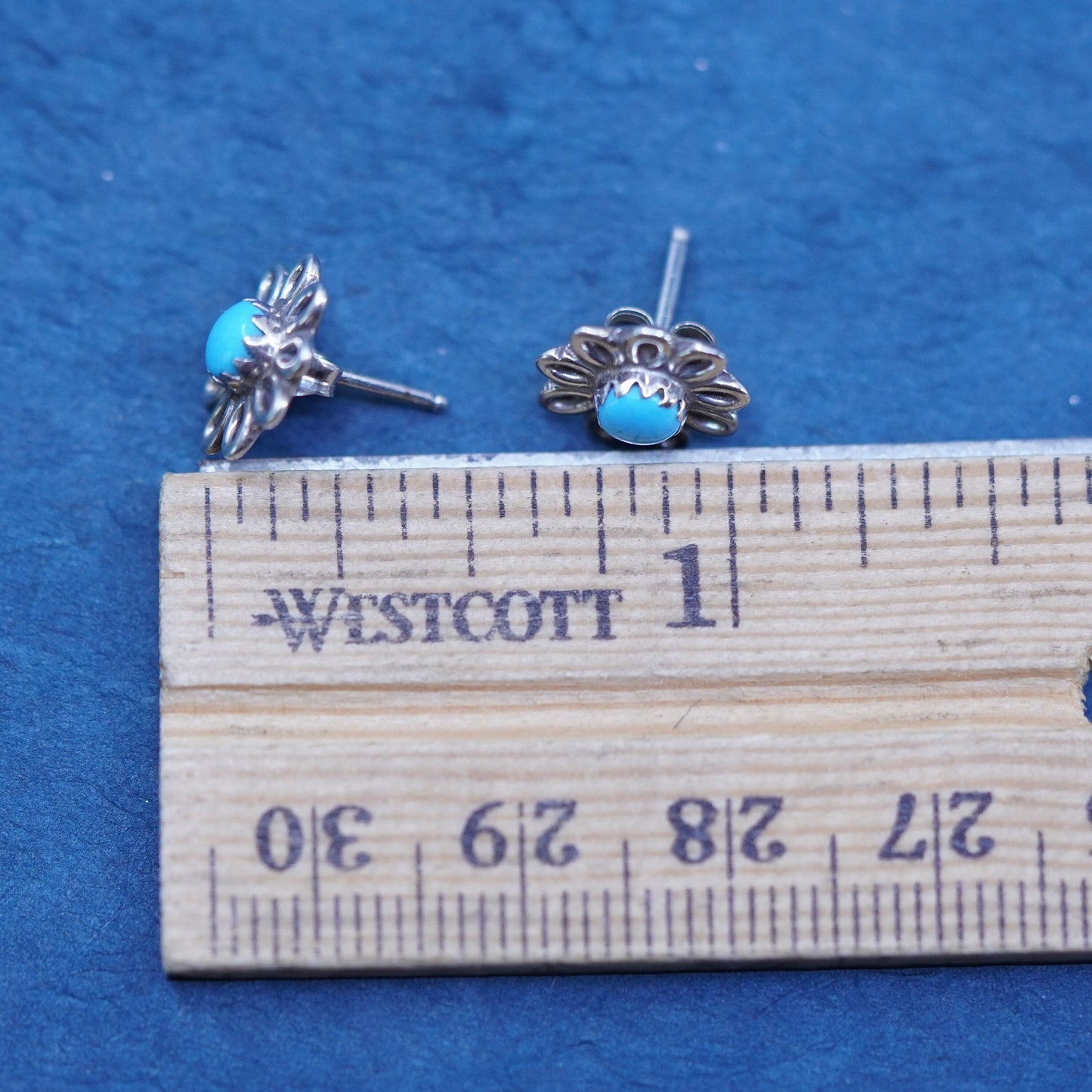 southwestern Sterling silver handmade earrings, 925 flower studs with turquoise