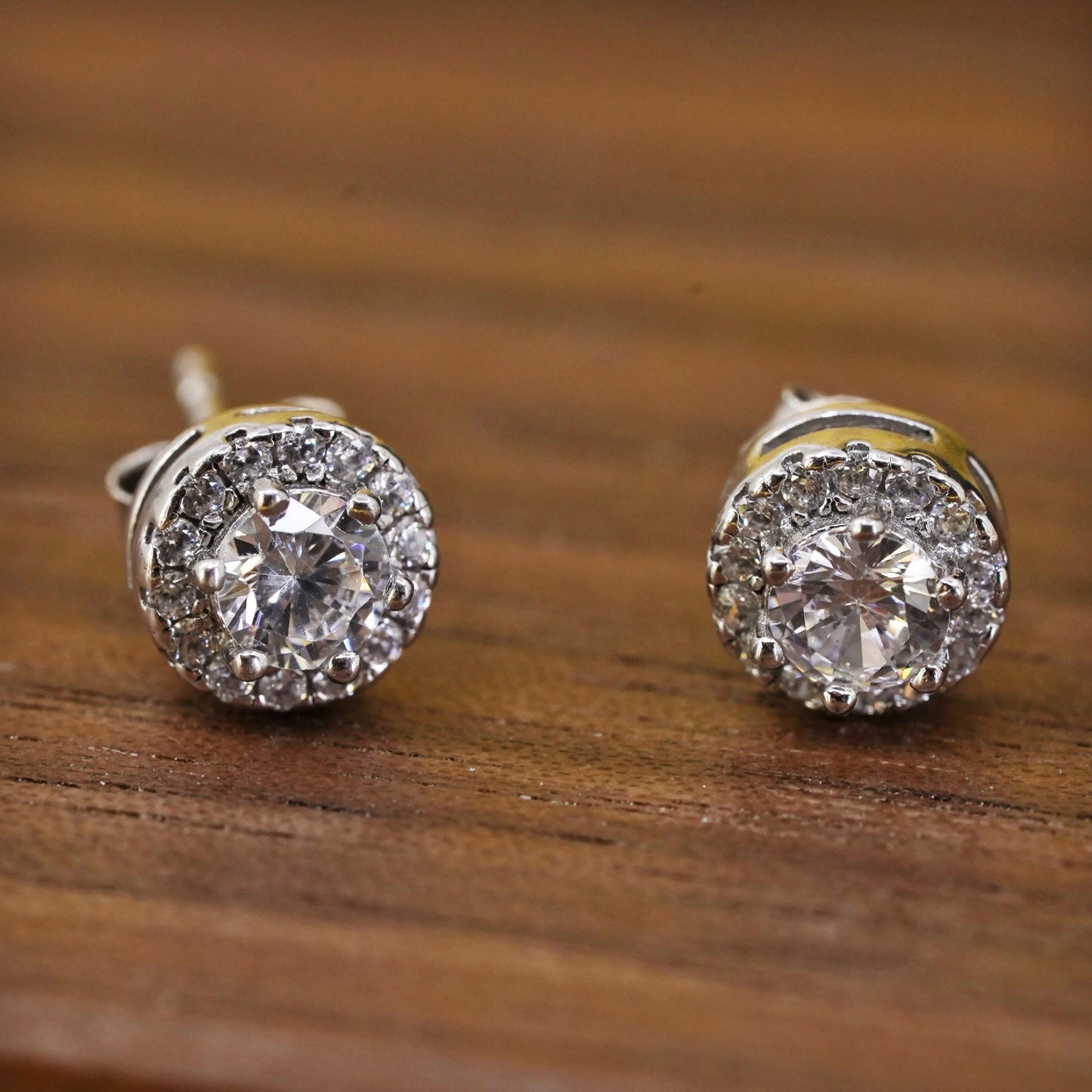 Vintage modern Sterling 925 silver studs, earrings with cz around
