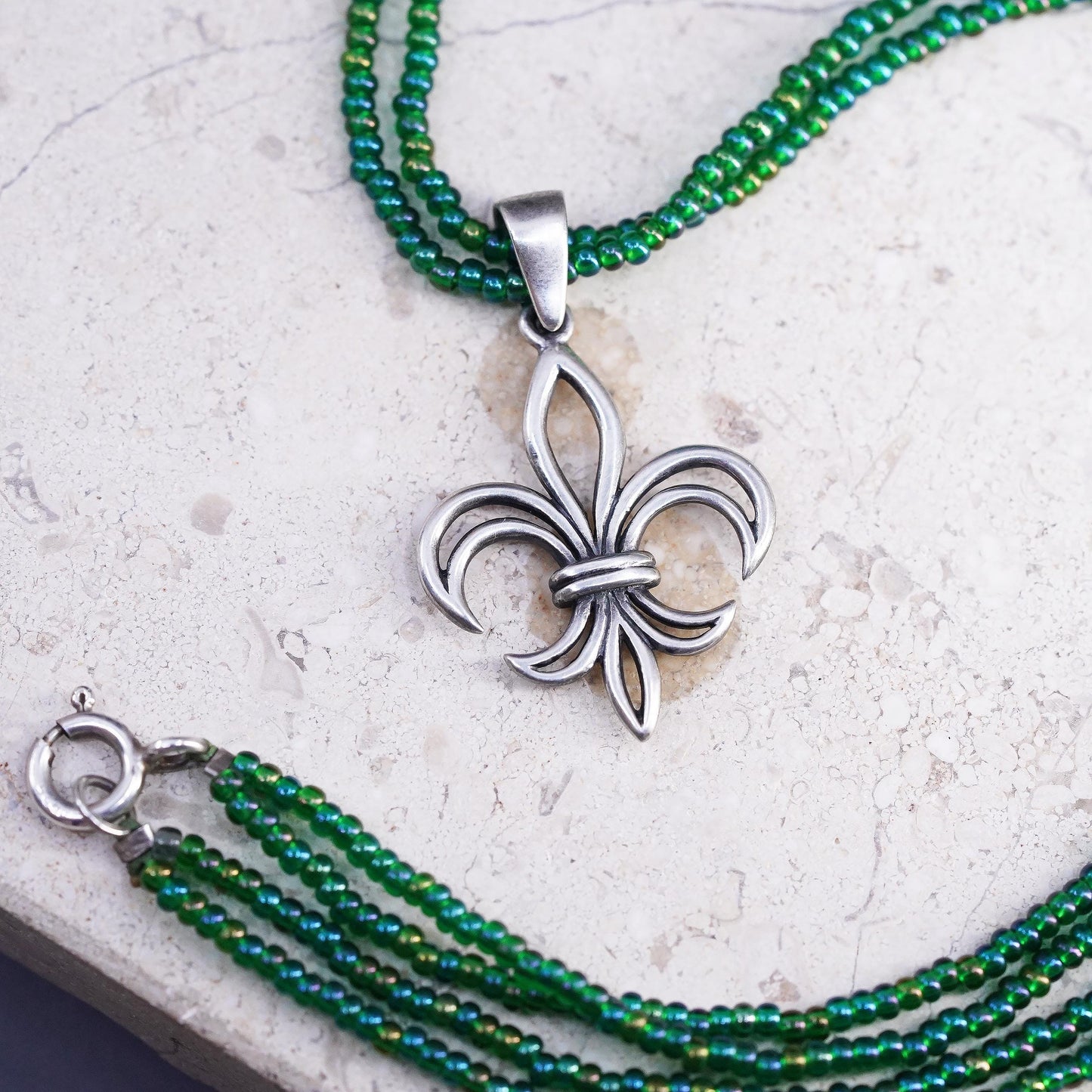 16”, Sterling Silver 925 Fleur de Lis Necklace Beaded Multi Strand 925 French