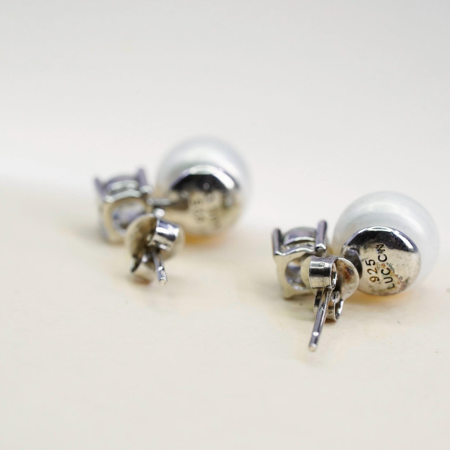 Vintage LUC sterling silver earrings, 925 studs with pearl and cz