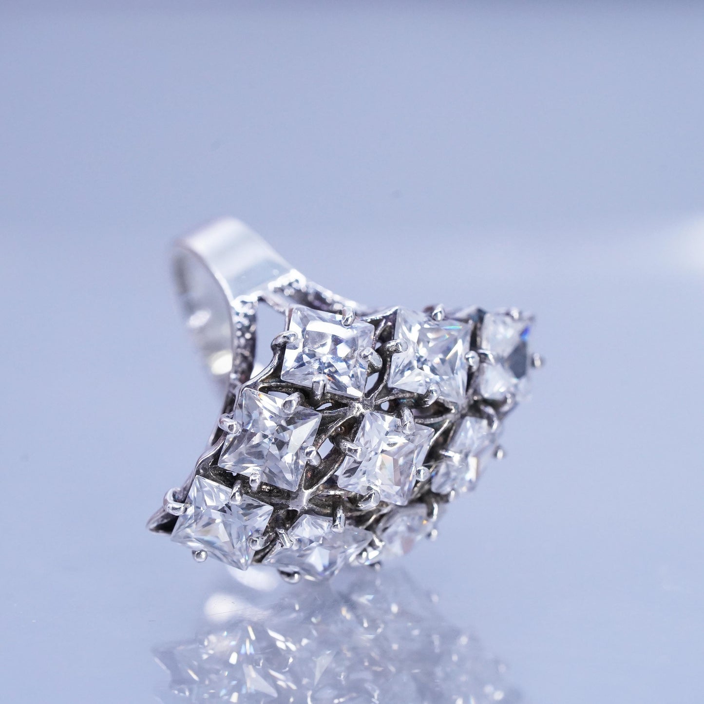 Size 7.5, vintage Sterling 925 silver handmade wide band ring with cluster Cz