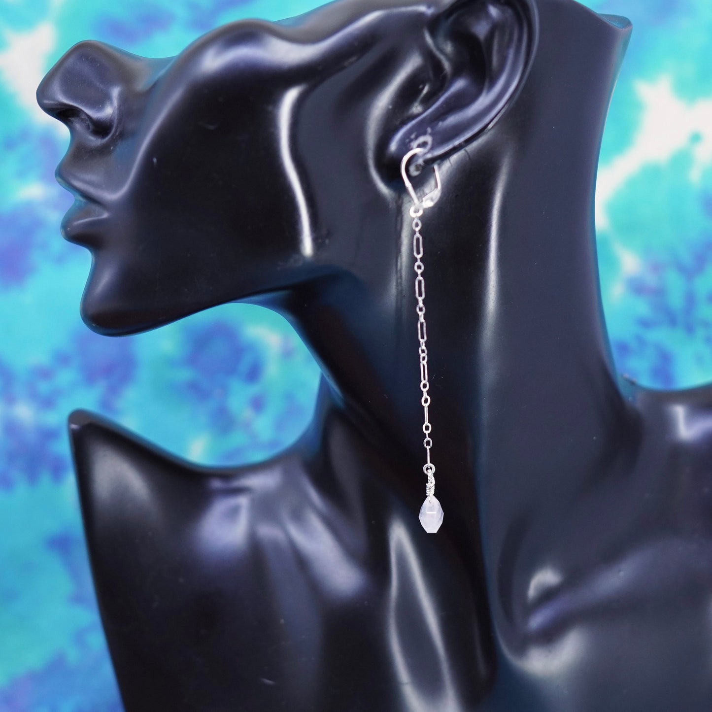sterling silver handmade earrings, 925 chain drop w/ teardrop pink rose quartz