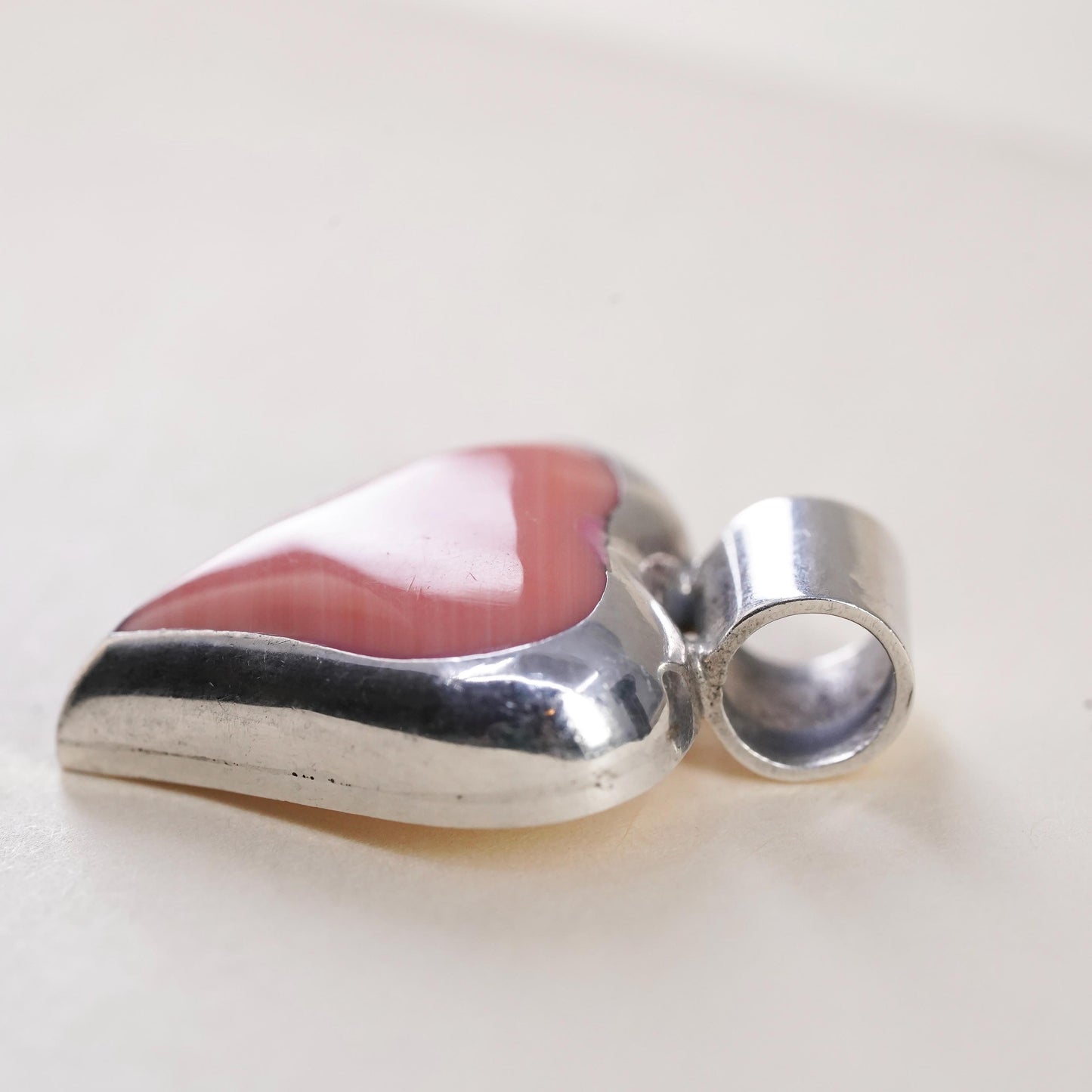 vintage handmade sterling silver heart pendant, Mexican ATI 925 with pink agate