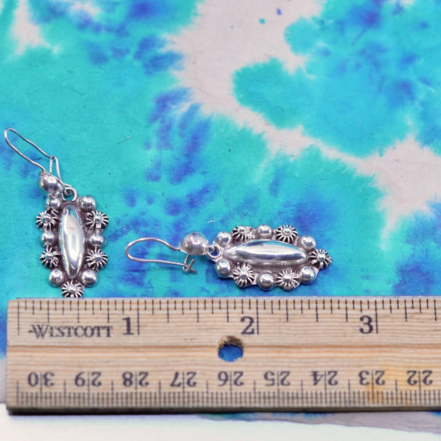 Vintage sterling silver handmade earrings, 925 marquise shaped beaded drop