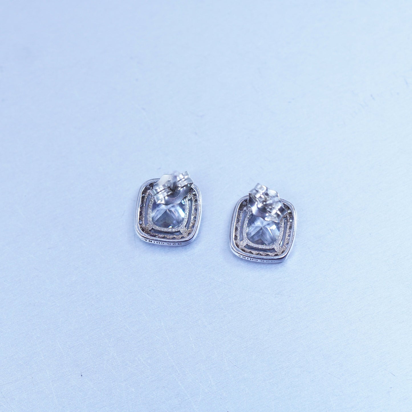 Vintage Sterling 925 silver earrings, square studs with cz inlay