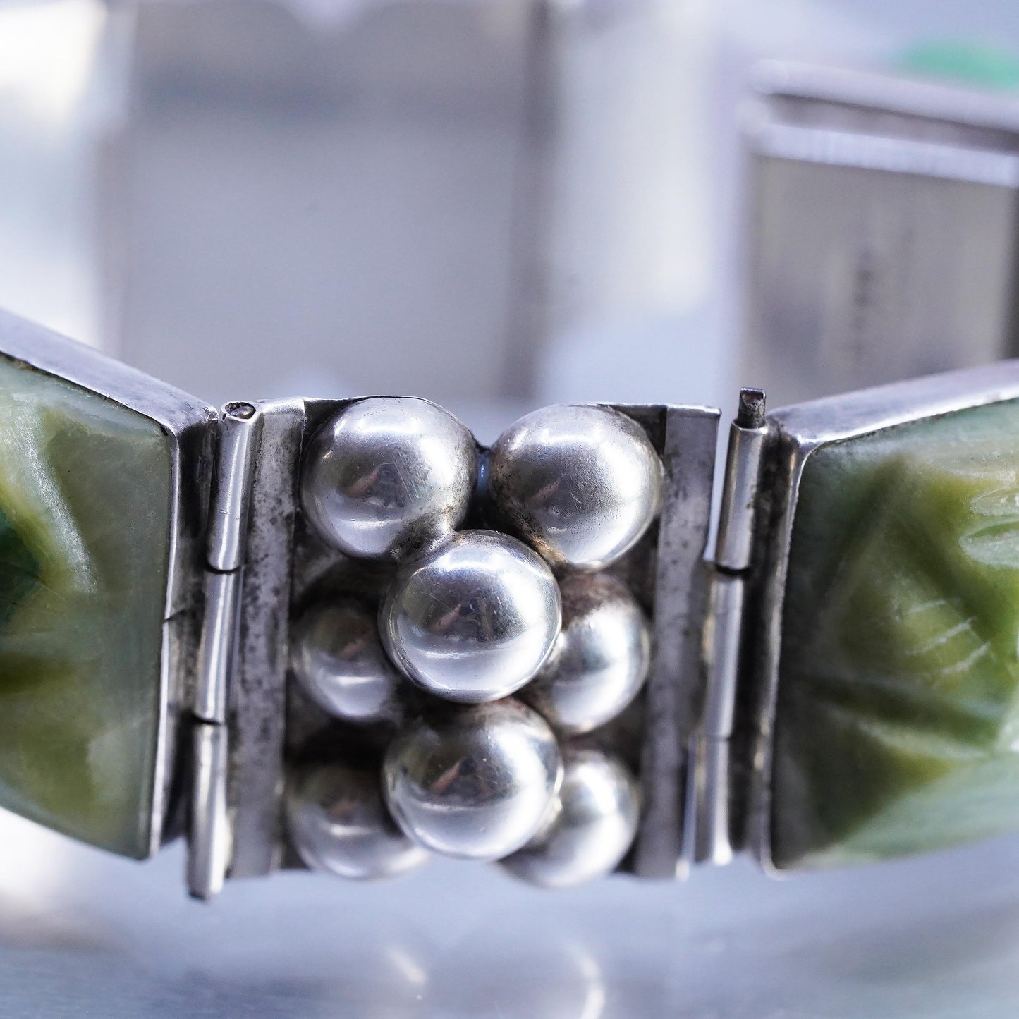 6", DEFECTED! Mexican Sterling Silver Carved Jade Face Mask Panel Bracelet