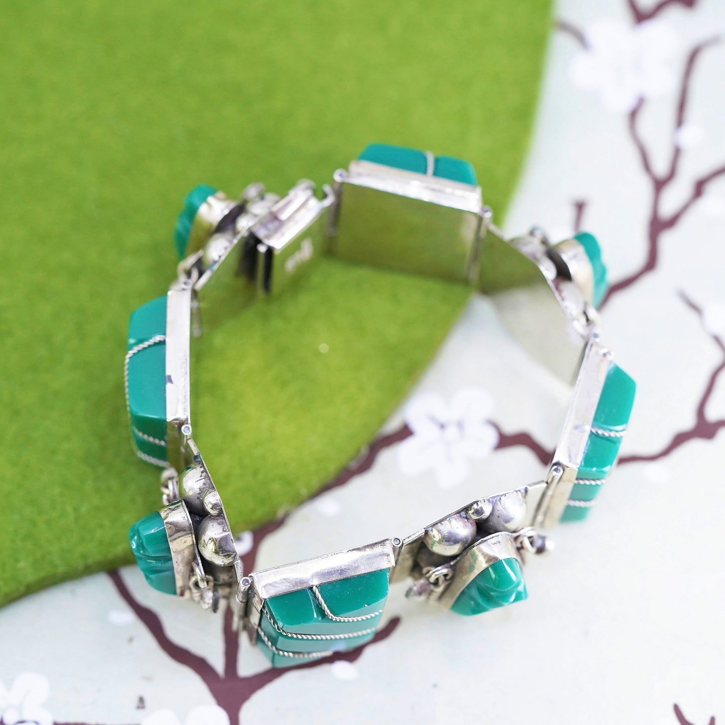 6.25", taxco vintage sterling silver bracelet, 925 cuff warrior face jade