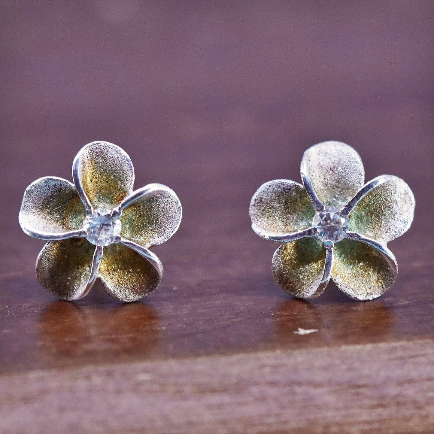 Vintage Sterling silver handmade earrings, 925 plumeria flower studs
