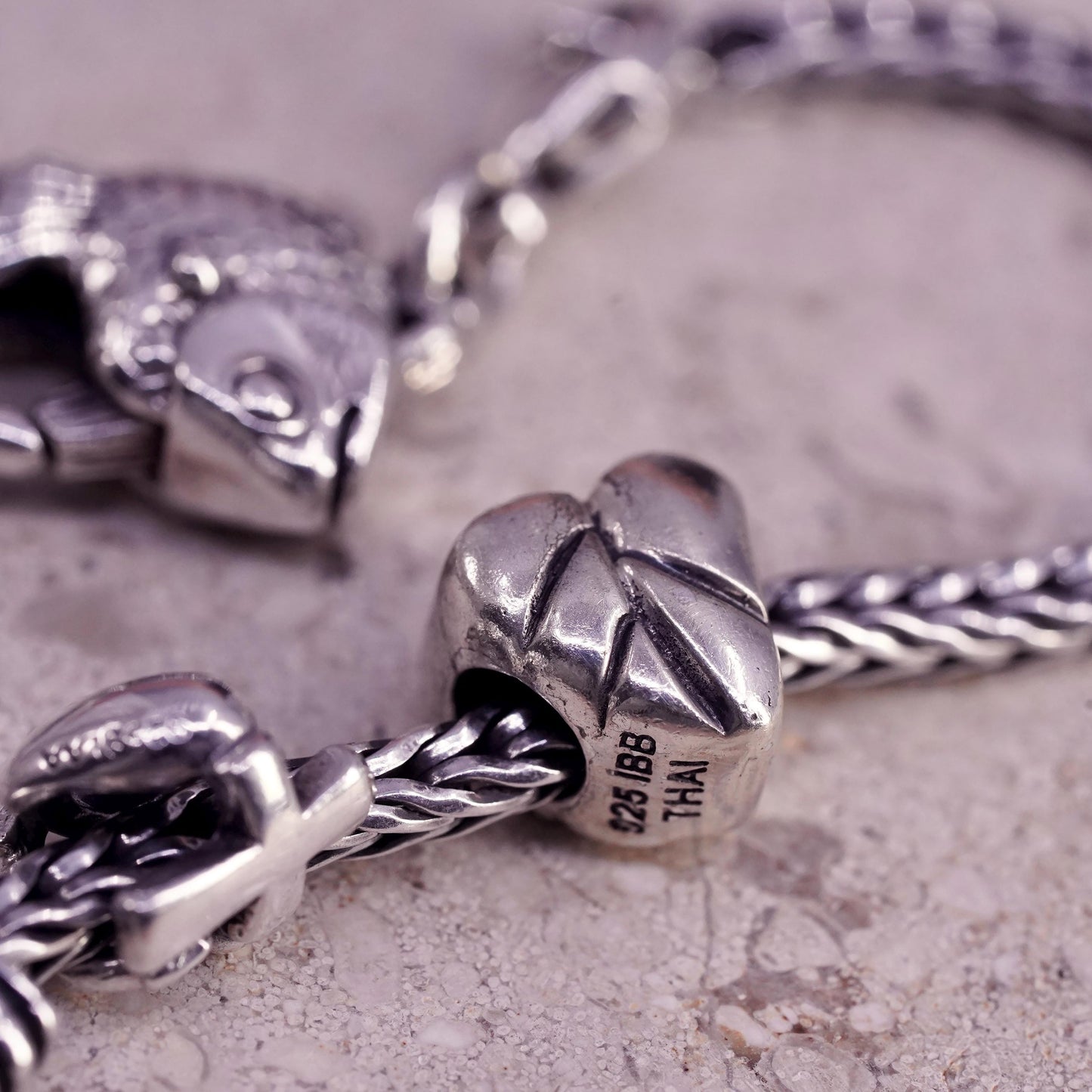 7.75", LAA Trollbeads Sterling Silver 925 wheat Bracelet heart crab leaf charms