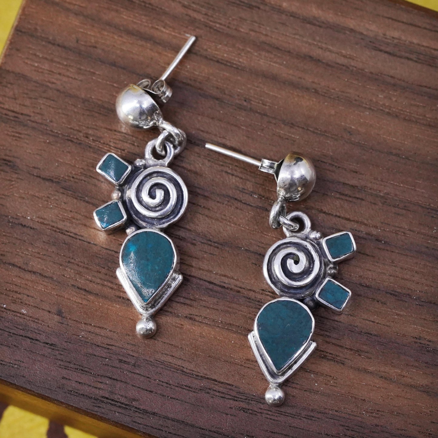 Peruvian Sterling silver spiral earrings, Inca chakra 950 teardrop dangles