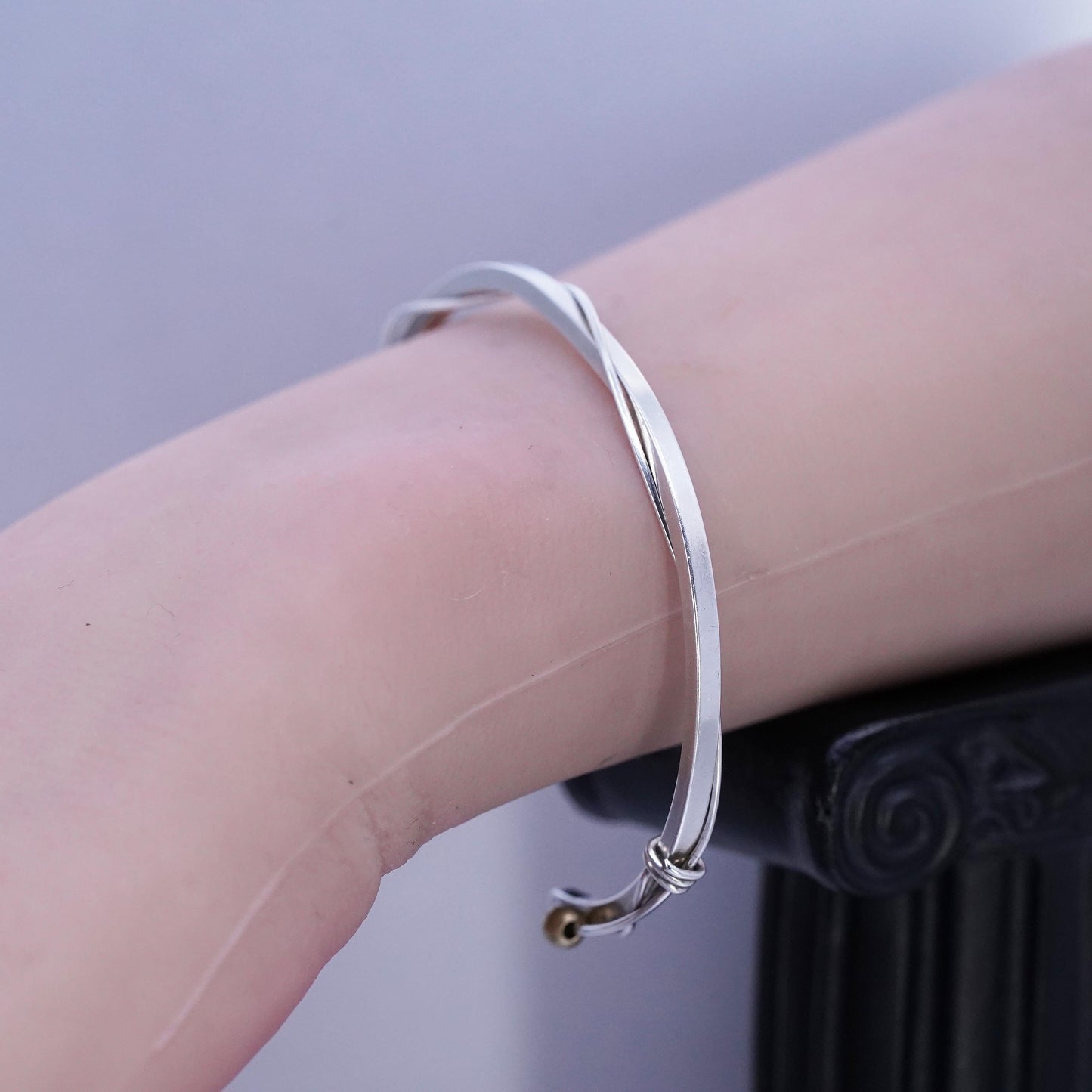 6.5”, Vintage two tone Sterling 925 silver bracelet, twisted cuff brass beads
