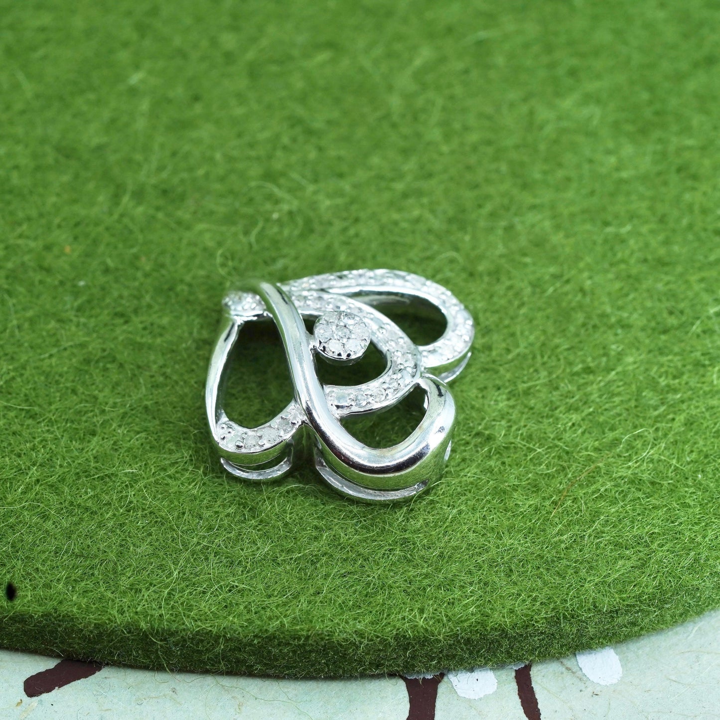 vintage Sterling silver Pendant, 925 double heart with real diamond