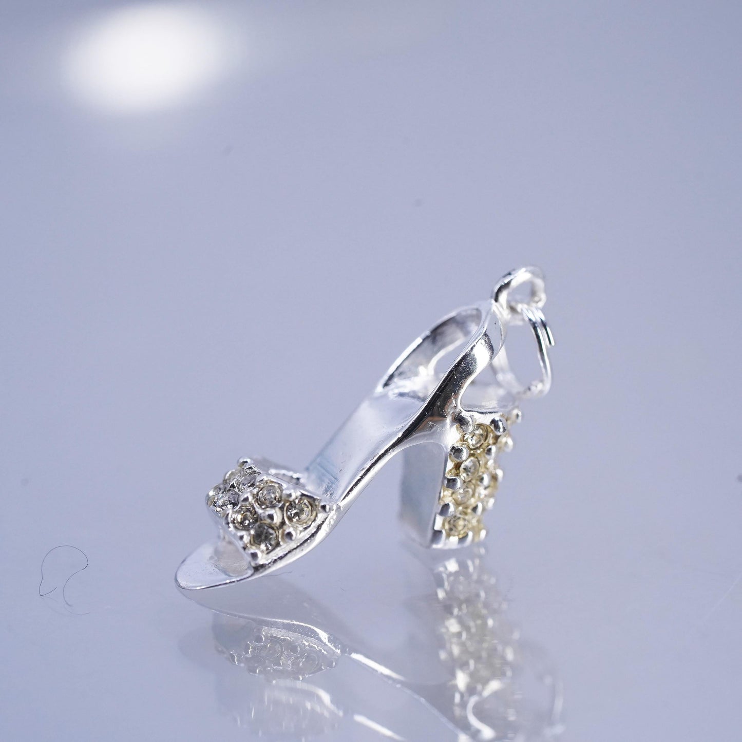 Vintage sterling 925 silver handmade high hill, sandal pendant charm with Cz