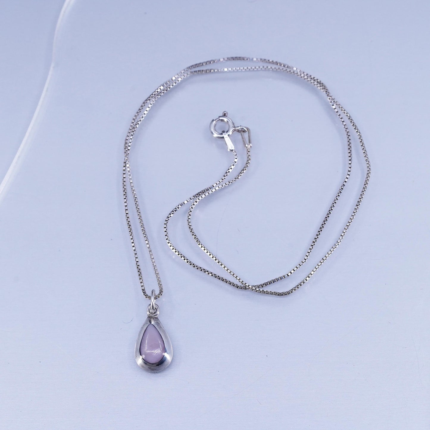 18”, Sterling 925 silver box chain necklace with teardrop pink MOP pendant