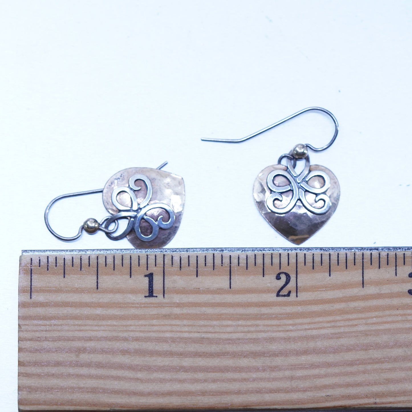 Vintage two tone Sterling 925 silver handmade earrings with heart disc