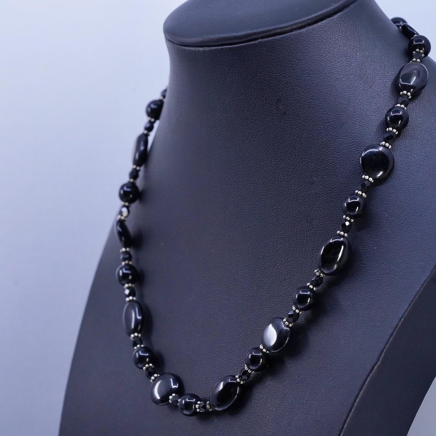 16+2", vintage southwestern Sterling 925 silver handmade onyx chain necklace