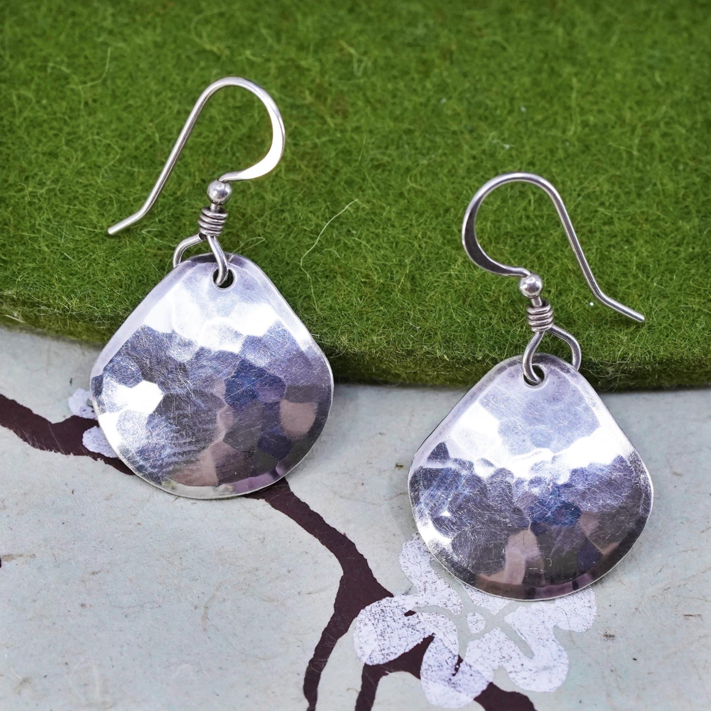 Vintage Sterling 925 Silver Hammered triangular disc Earrings
