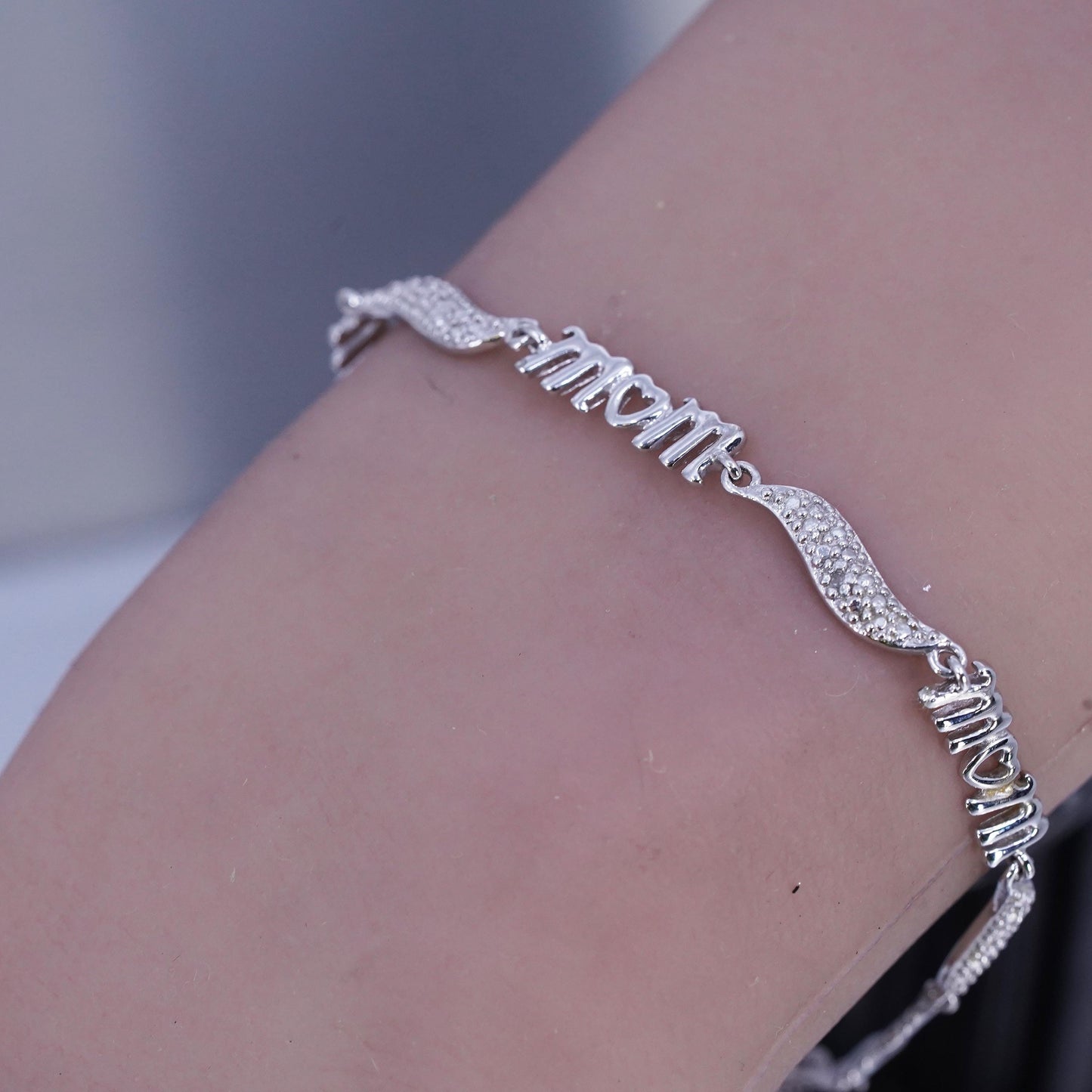 7.25", vintage Sterling 925 silver bracelet, mom chain with cluster diamonds