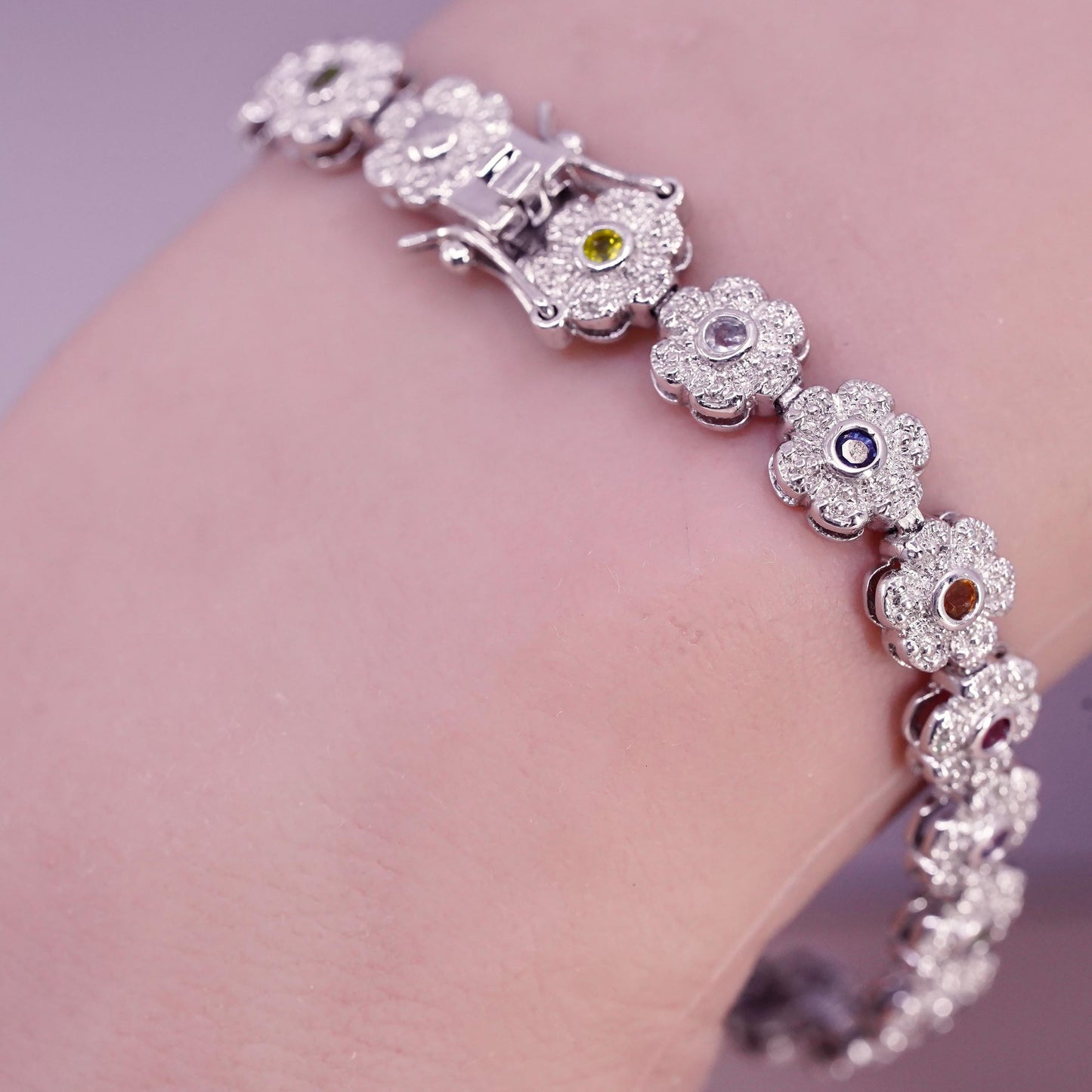 6.75”, vintage sterling 925 silver tennis bracelet with cluster cz flower